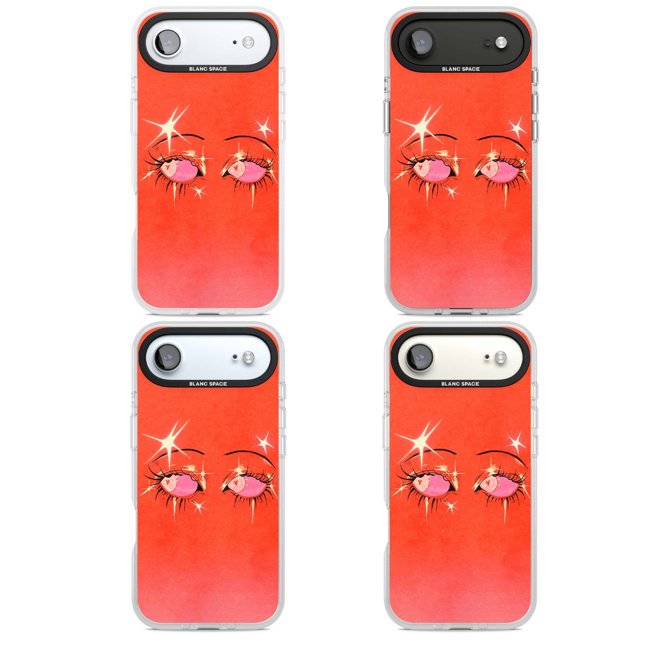 Pink Ethereal Eyes anime iPhone case featuring hand-drawn sparkly eyes with pink hearts and gold stars on red | Clear Case Impact Air case for iPhone Air