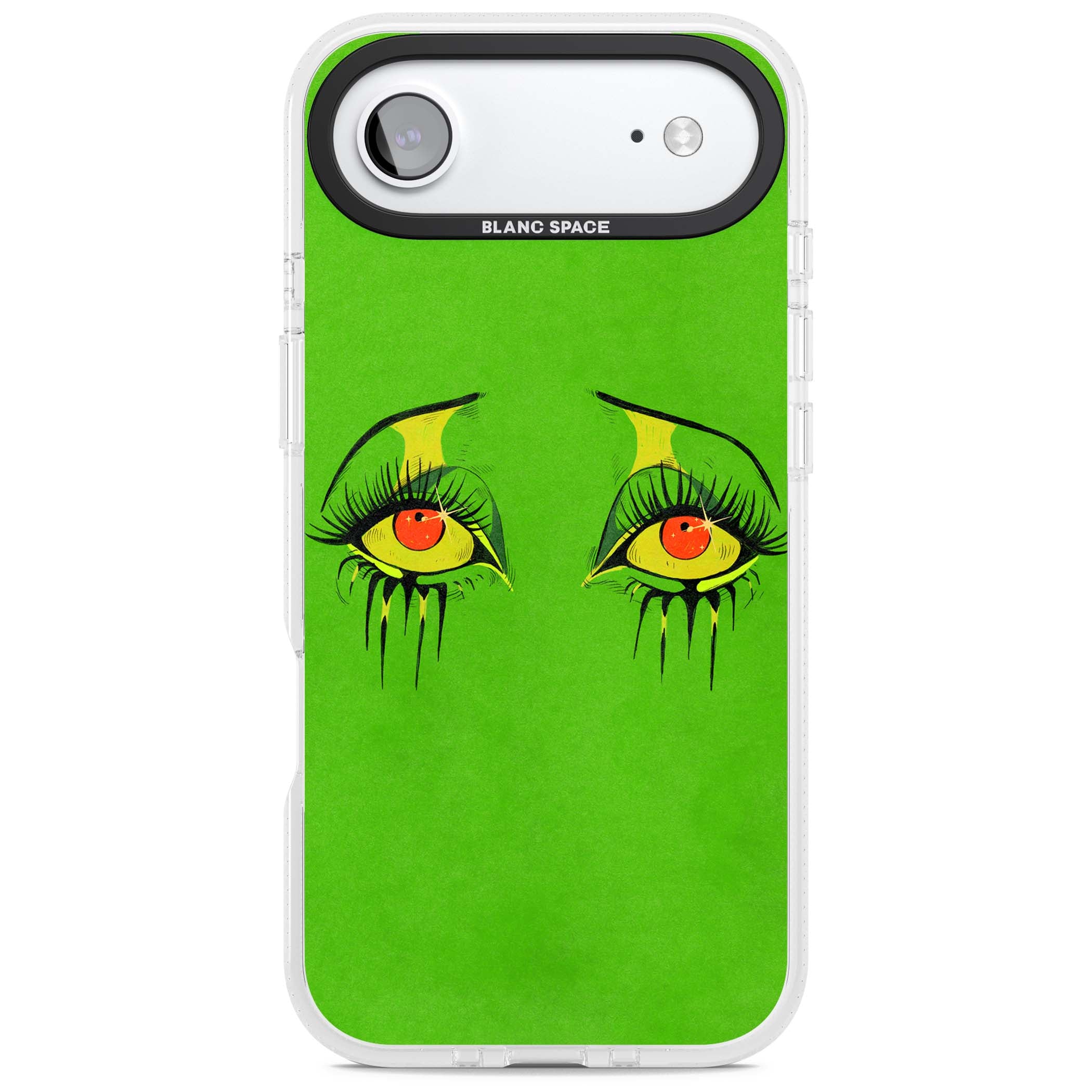 Green Enchanted Eyes psychedelic art iPhone case featuring hand-drawn dripping eyes on neon green background | Clear Case Impact Air case for iPhone Air