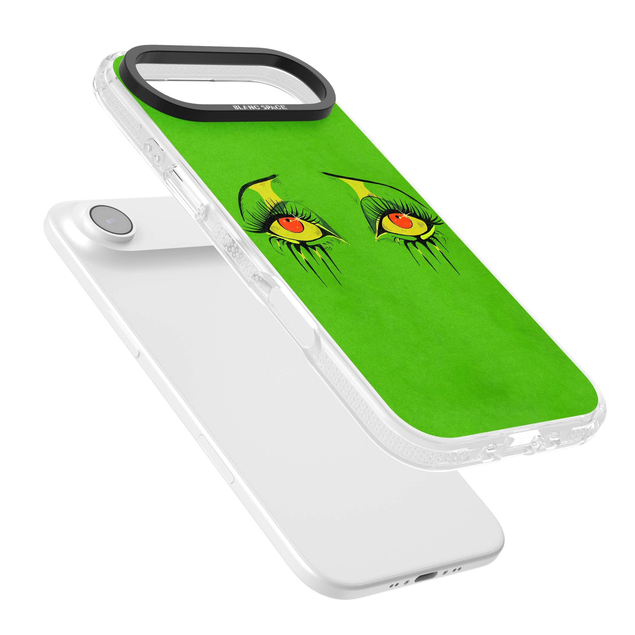 Green Enchanted Eyes psychedelic art iPhone case featuring hand-drawn dripping eyes on neon green background | Clear Case Impact Air case for iPhone Air