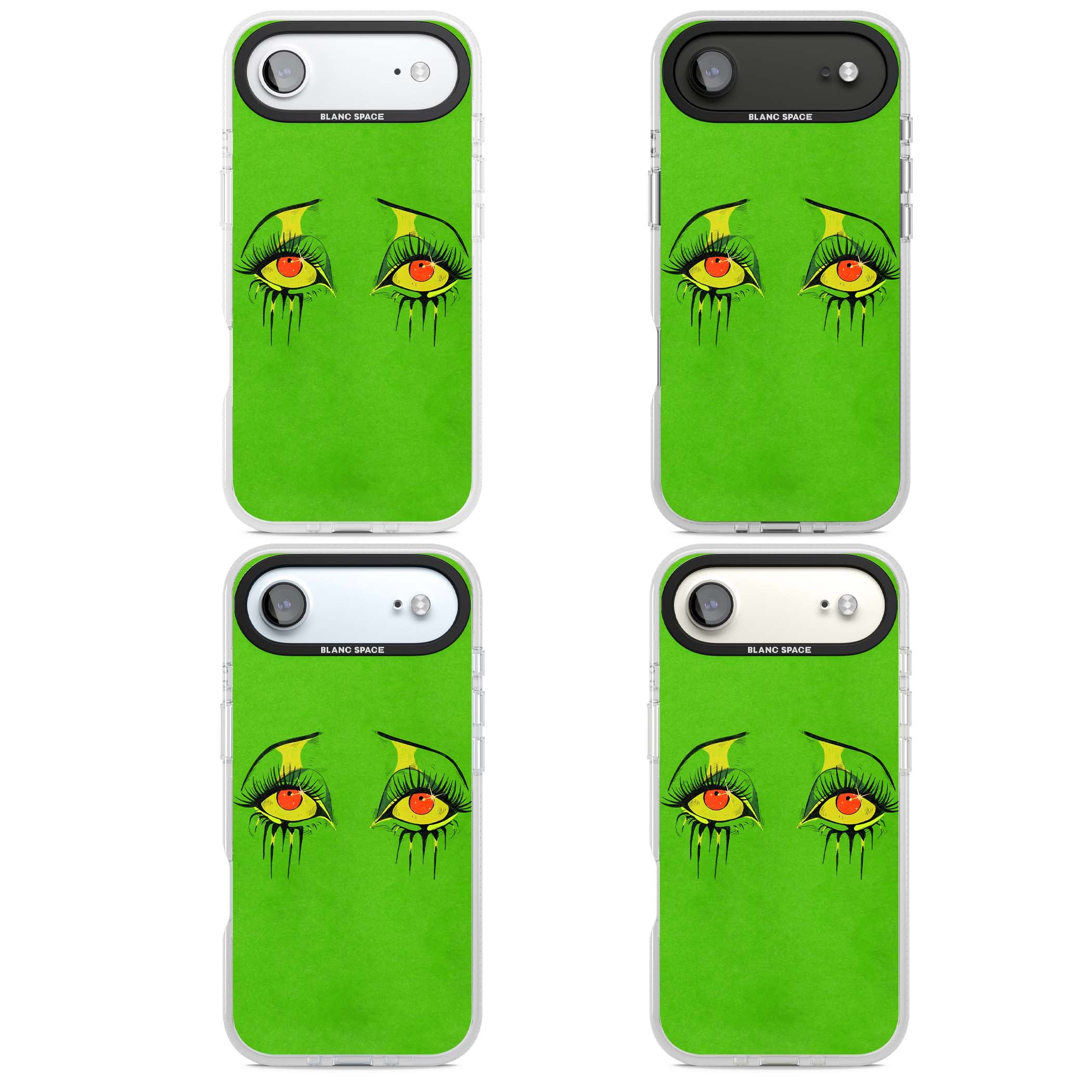 Green Enchanted Eyes psychedelic art iPhone case featuring hand-drawn dripping eyes on neon green background | Clear Case Impact Air case for iPhone Air
