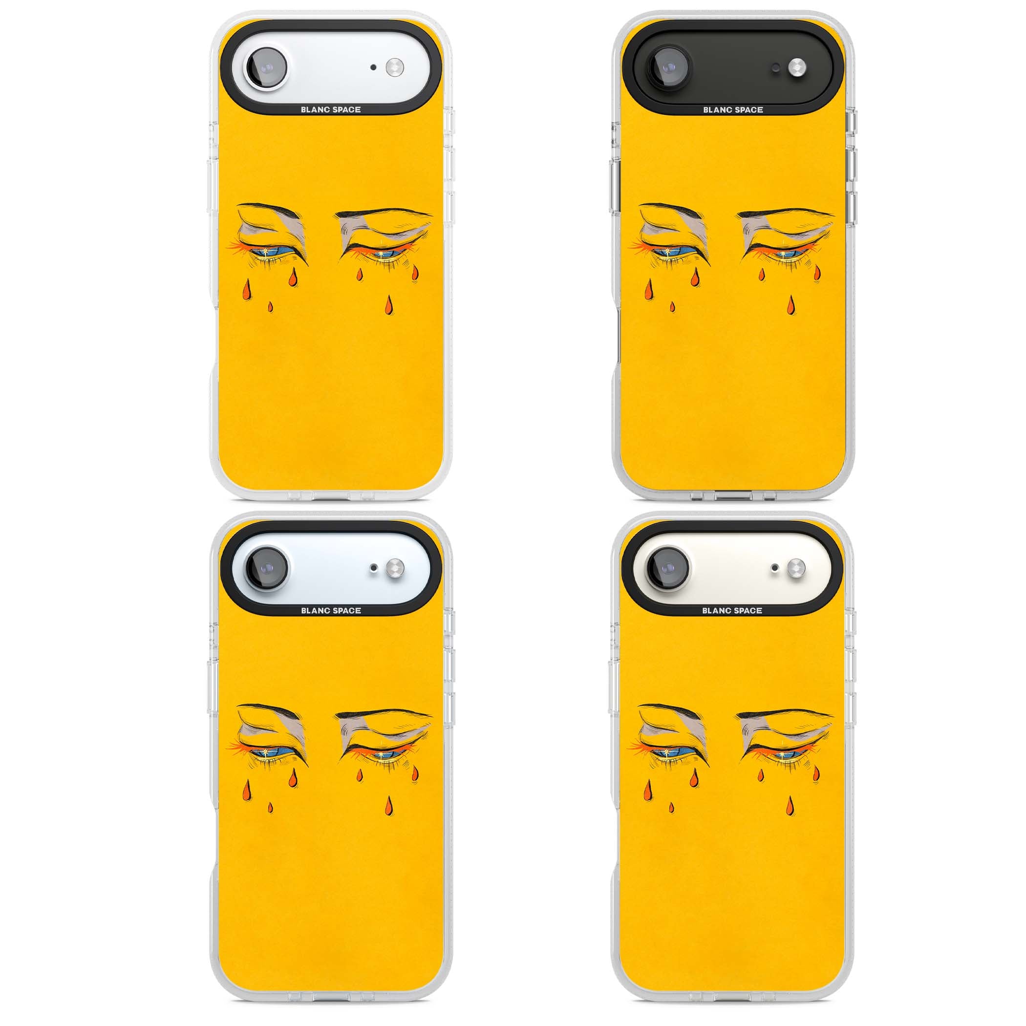 Yellow Tearful Eyes indie iPhone case featuring hand-drawn crying eyes with orange tears on a yellow background | Clear Case Impact Air case for iPhone Air