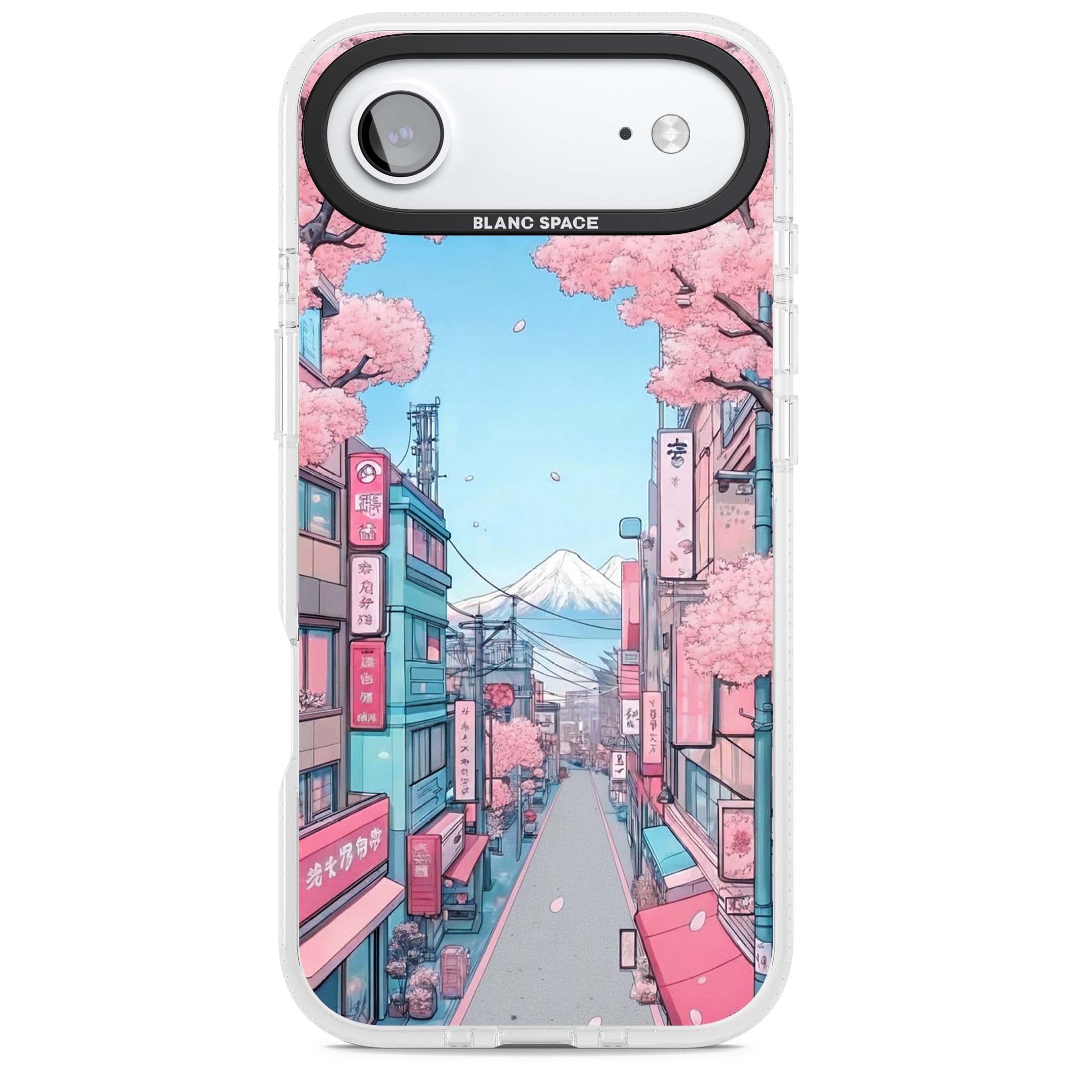 Sakura Lane anime iPhone case featuring Tokyo street scene with cherry blossoms and Mount Fuji | Clear Case Impact Air case for iPhone Air