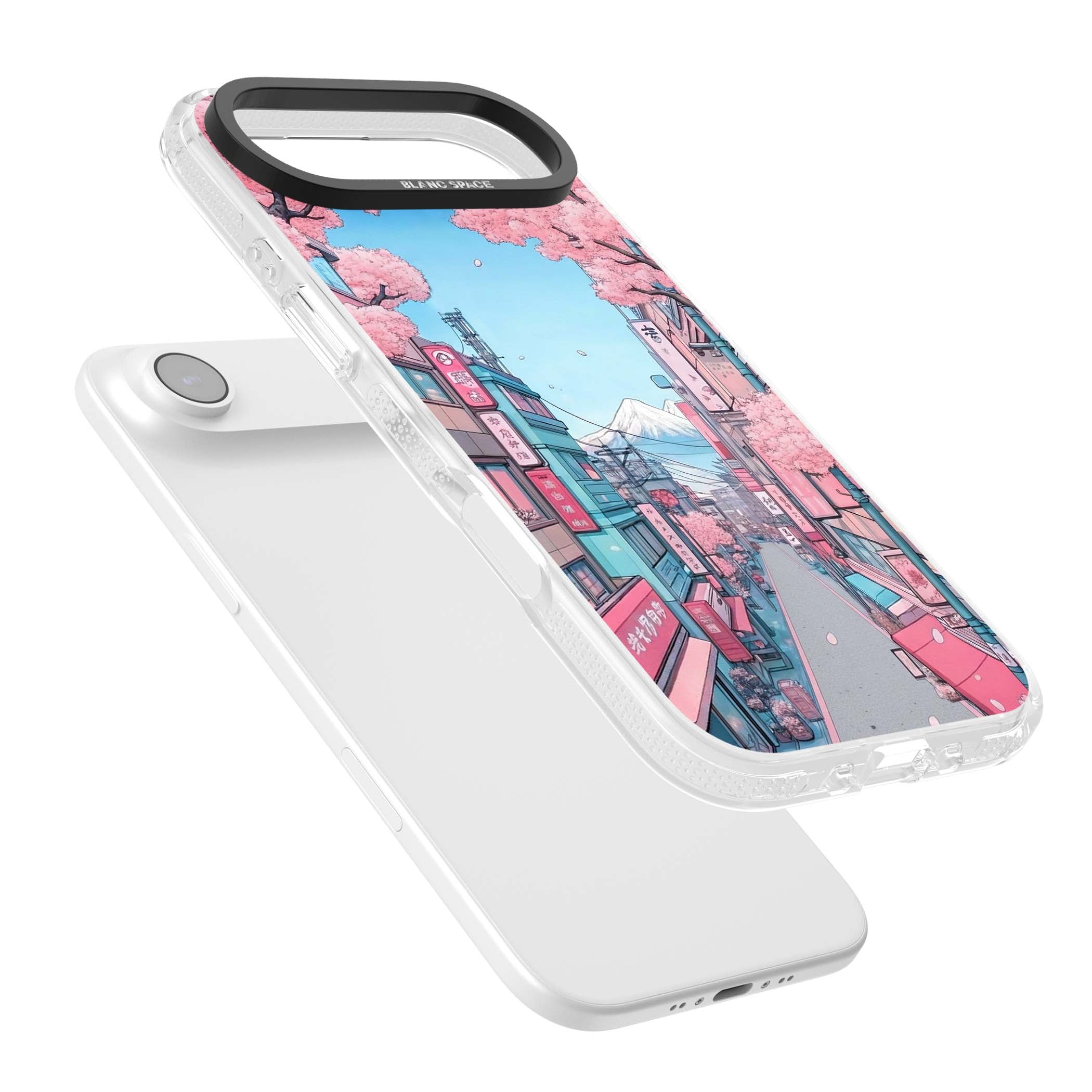 Sakura Lane anime iPhone case featuring Tokyo street scene with cherry blossoms and Mount Fuji | Clear Case Impact Air case for iPhone Air