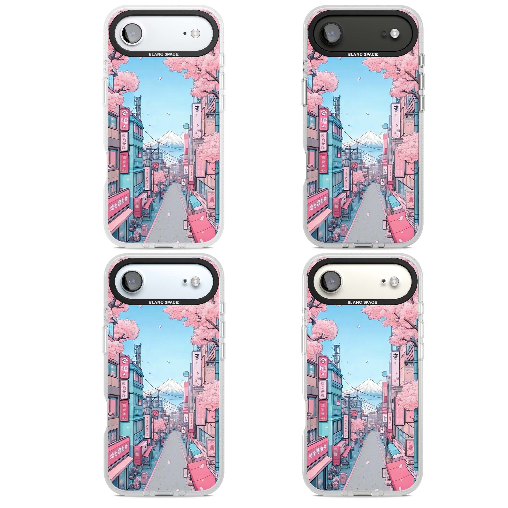 Sakura Lane anime iPhone case featuring Tokyo street scene with cherry blossoms and Mount Fuji | Clear Case Impact Air case for iPhone Air