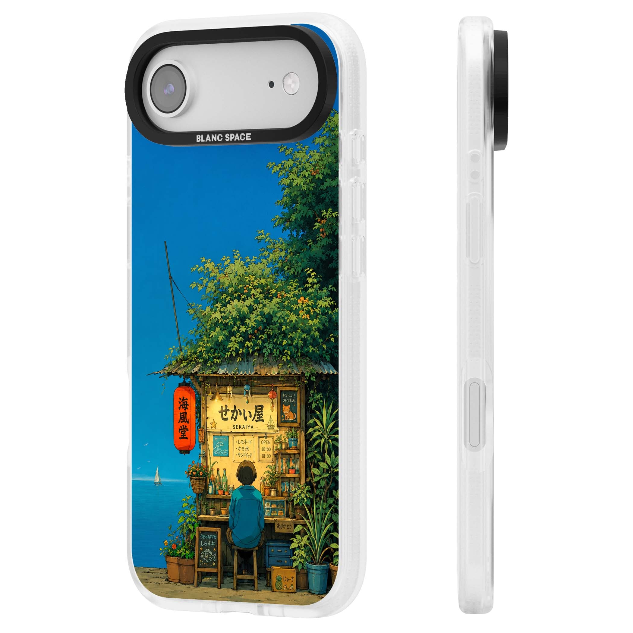 The Shirahama Kiosk anime iPhone case featuring a Japanese seaside shop, red paper lantern and ocean view | Clear Case Impact Air case for iPhone Air