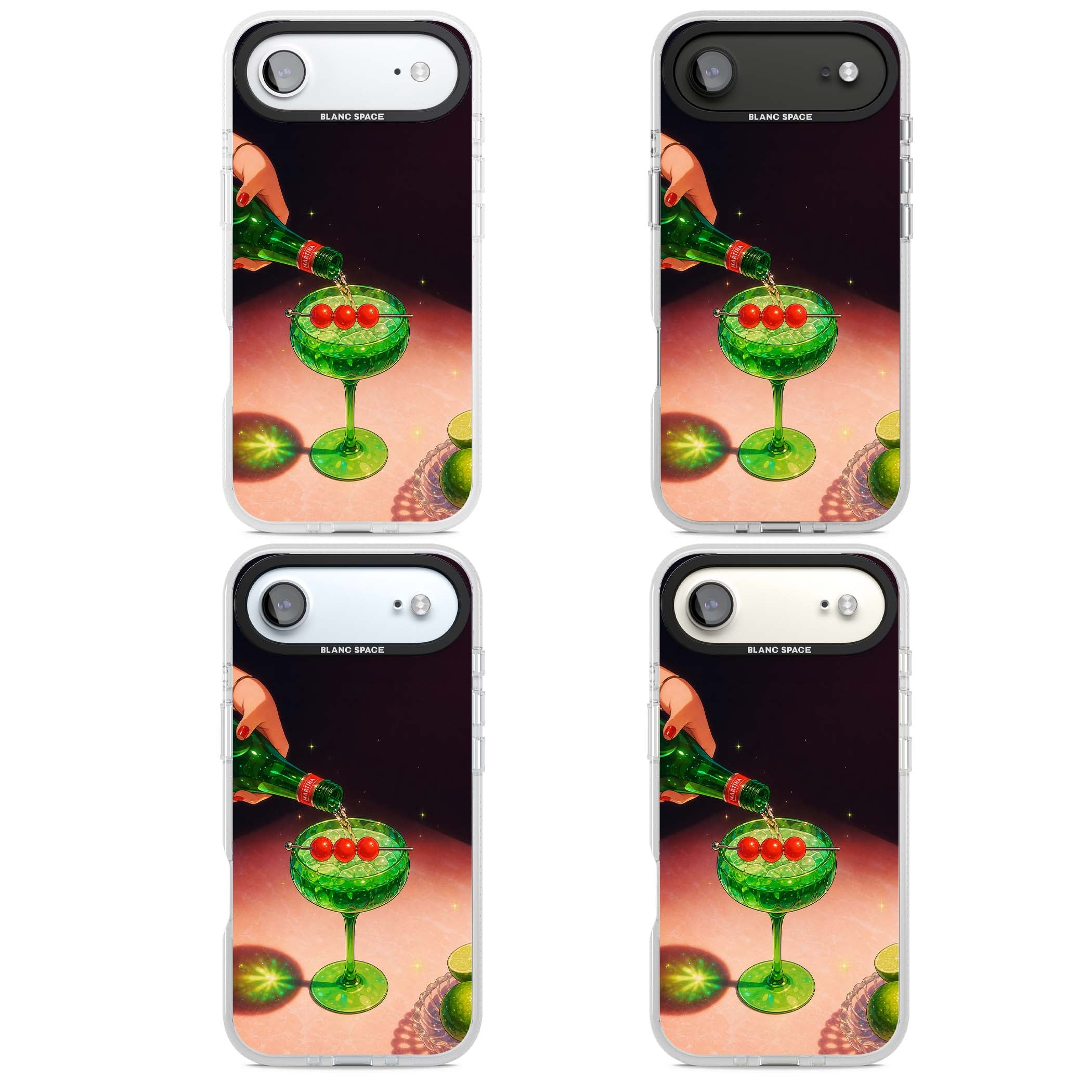 Absinthe Hour cocktail iPhone case featuring a green coupe glass, cherry garnish and vintage bottle pour illustration | Clear Case Impact Air case for iPhone Air