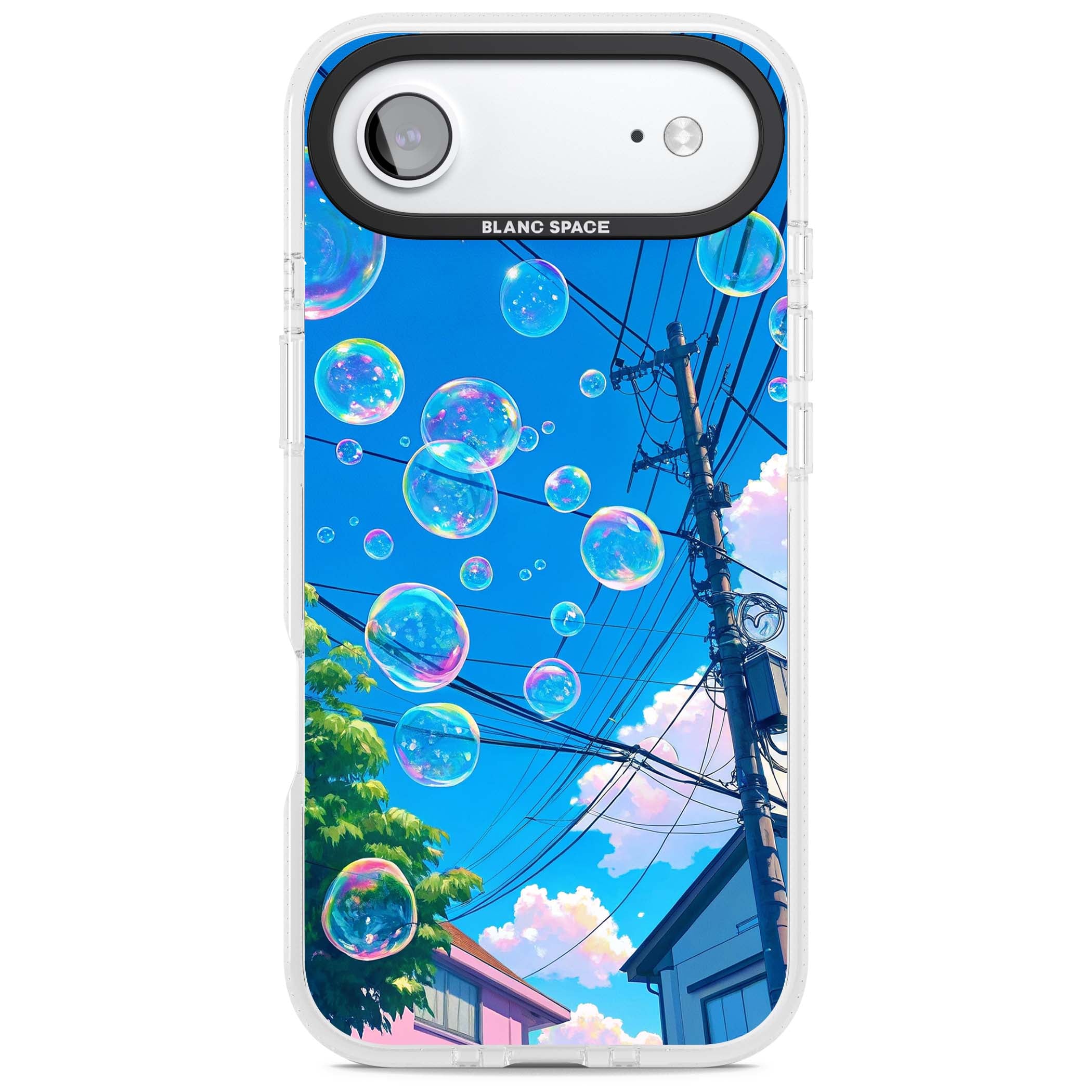 Suburban Bubbles anime iPhone case featuring iridescent soap bubbles, blue sky and Japanese telephone wires | Clear Case Impact Air case for iPhone Air