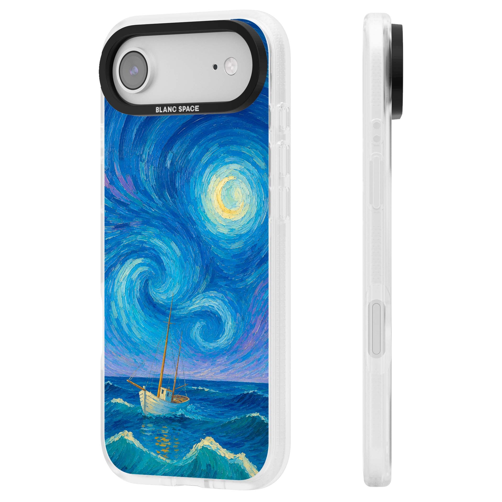 Moonlit Tide Van Gogh art iPhone case featuring swirling starry night sky, glowing moon and lone sailing boat at sea | Clear Case Impact Air case for iPhone Air