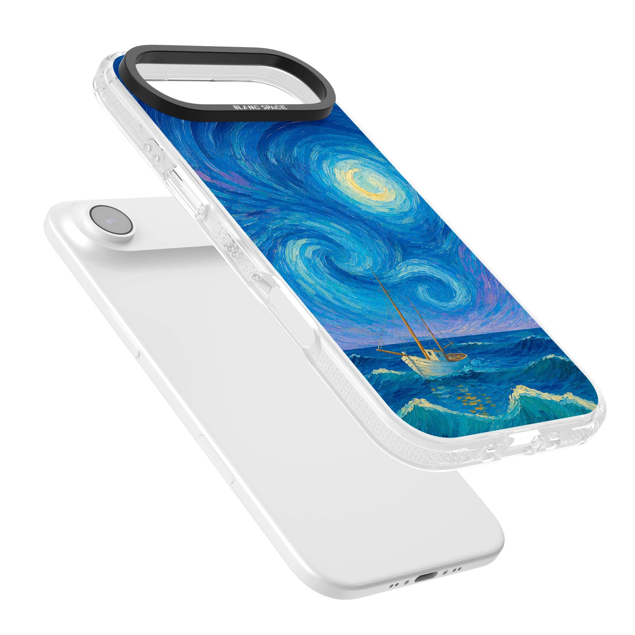 Moonlit Tide Van Gogh art iPhone case featuring swirling starry night sky, glowing moon and lone sailing boat at sea | Clear Case Impact Air case for iPhone Air