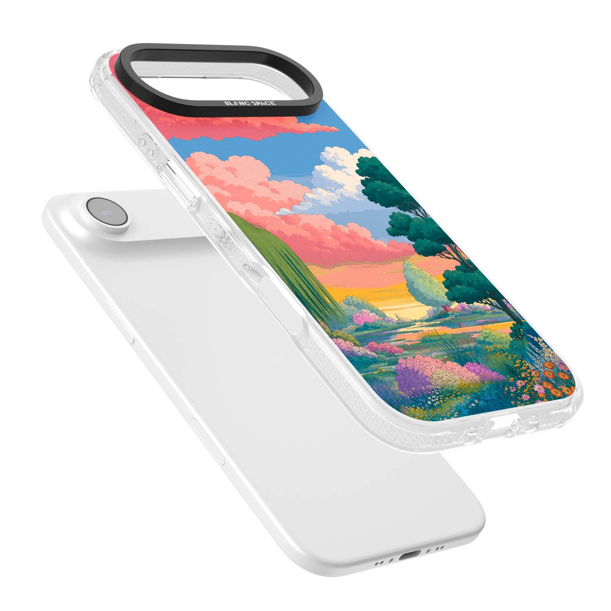 Dream Valley anime landscape iPhone case featuring pink sunset clouds, willow trees and wildflowers | Clear Case Impact Air case for iPhone Air