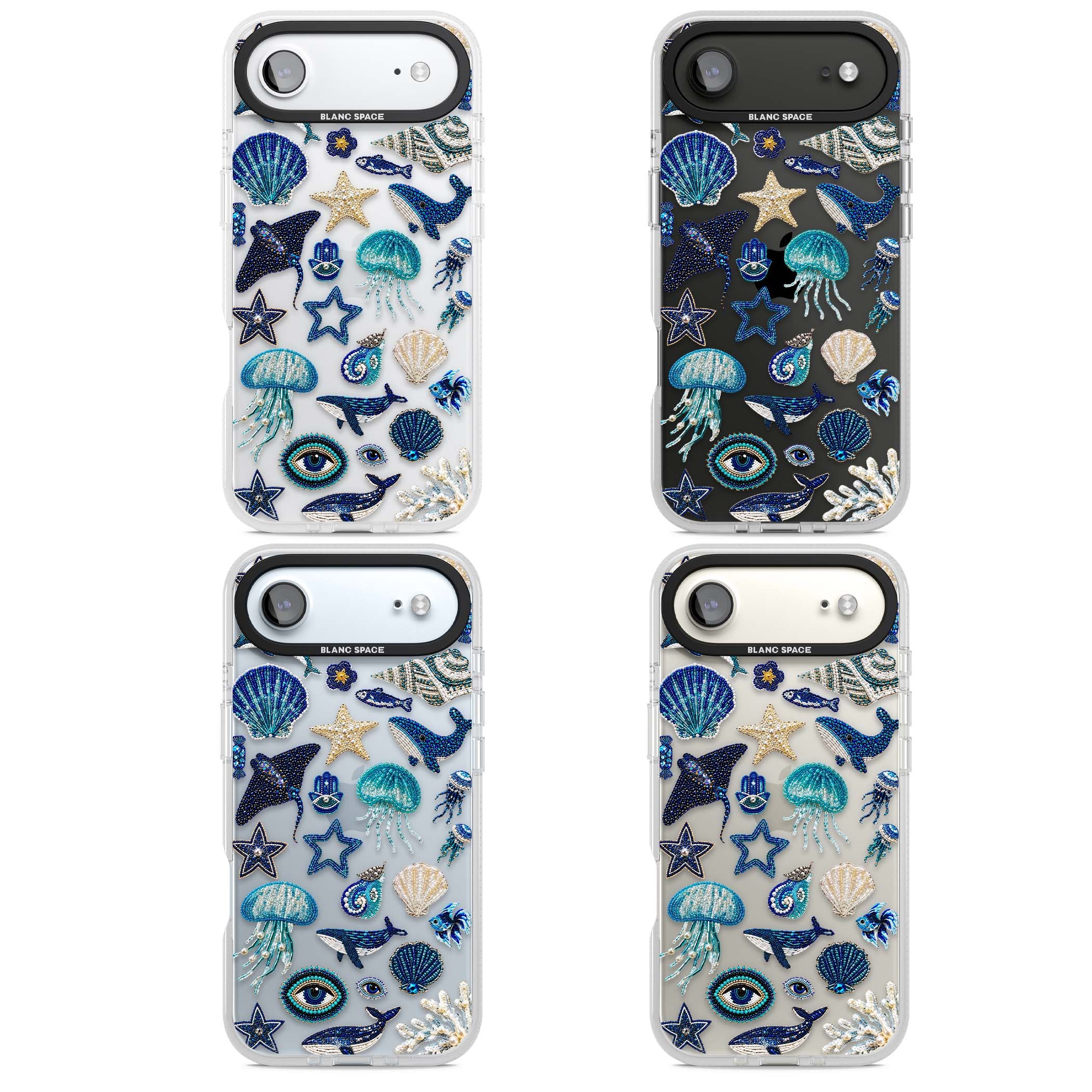 Beaded Coastal coastal iPhone case featuring embroidered seashells, jellyfish and a blue whale on clear | Clear Case Impact Air case for iPhone Air
