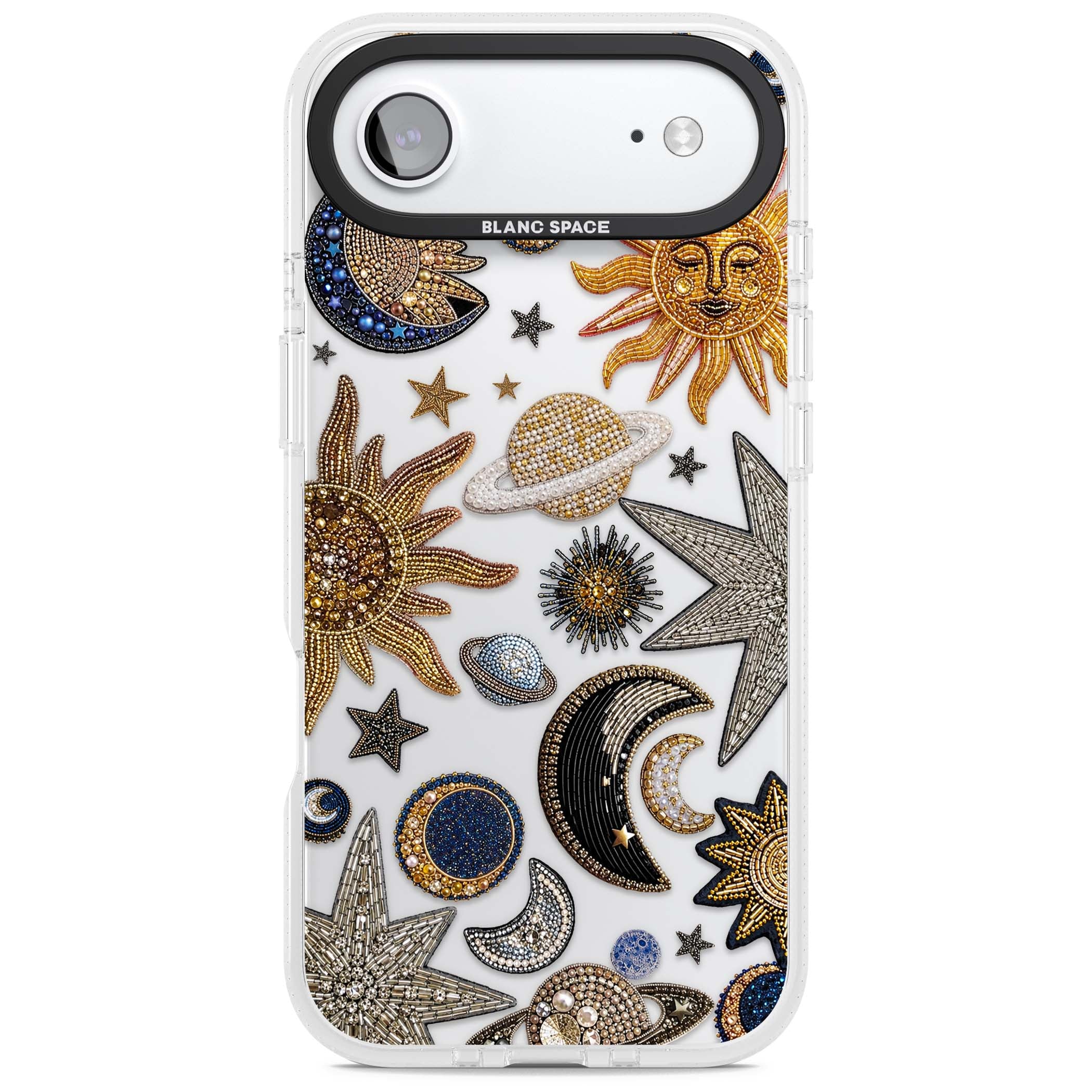 Beaded Cosmos celestial iPhone case featuring embroidered golden suns, beaded planets and silver shooting stars | Clear Case Impact Air case for iPhone Air