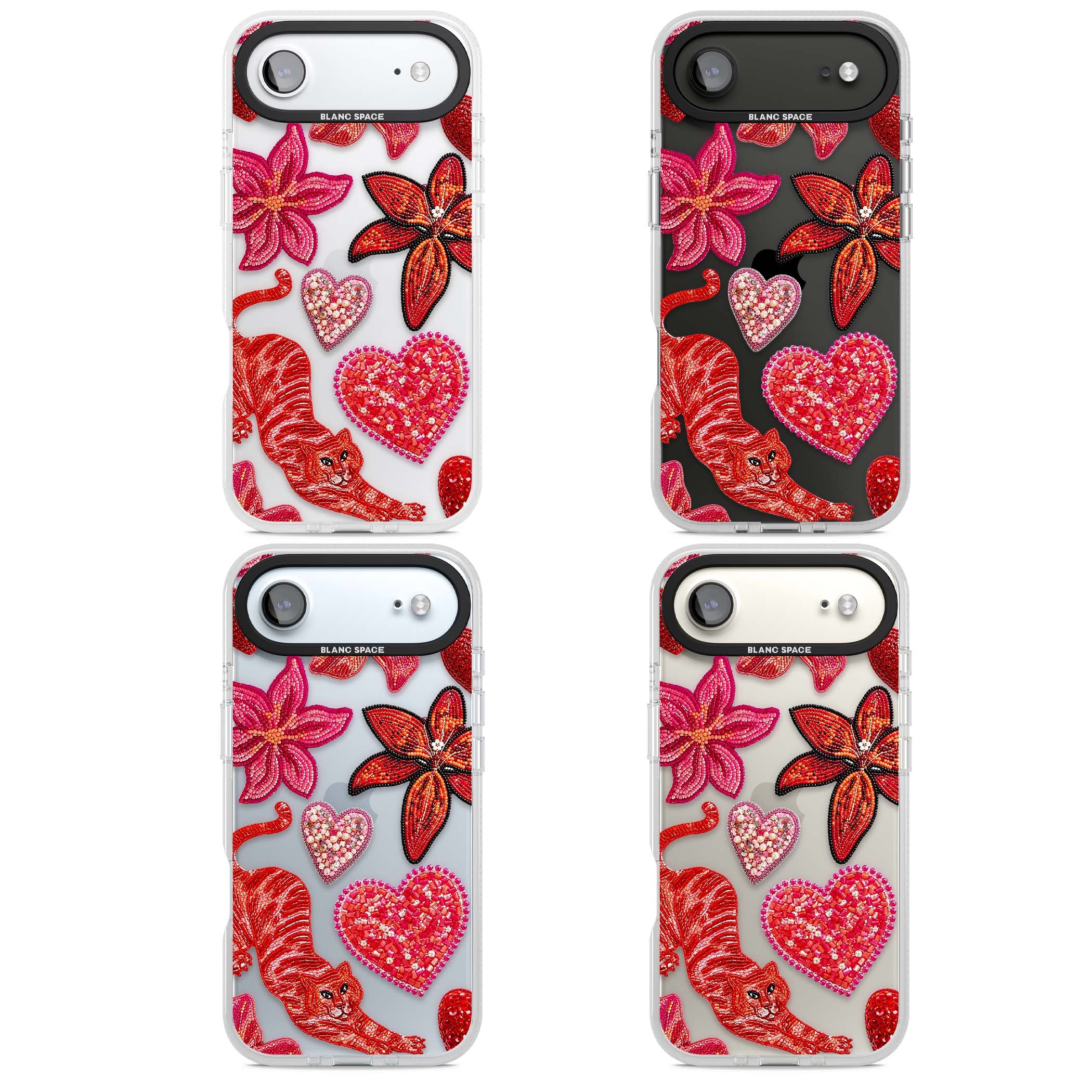 Beaded Boho floral iPhone case featuring beaded red lilies, a stitched tiger, and pearl-encrusted hearts on clear | Clear Case Impact Air case for iPhone Air