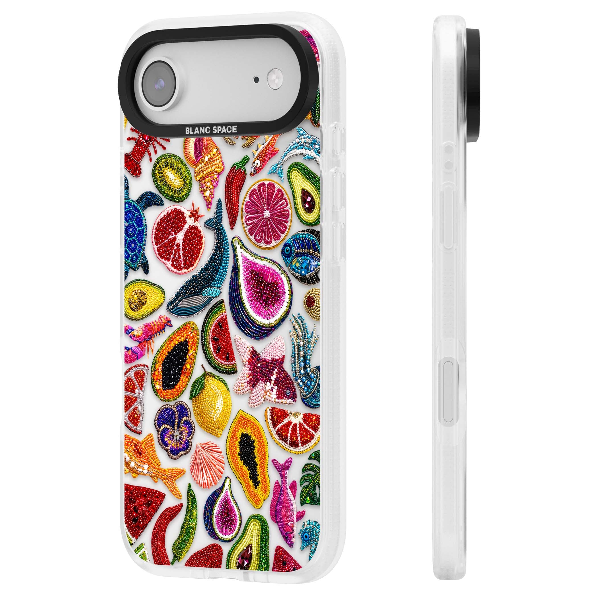 Beaded Tropic tropical iPhone case featuring beaded fruit, fish, crabs and seashells in vibrant colour | Clear Case Impact Air case for iPhone Air