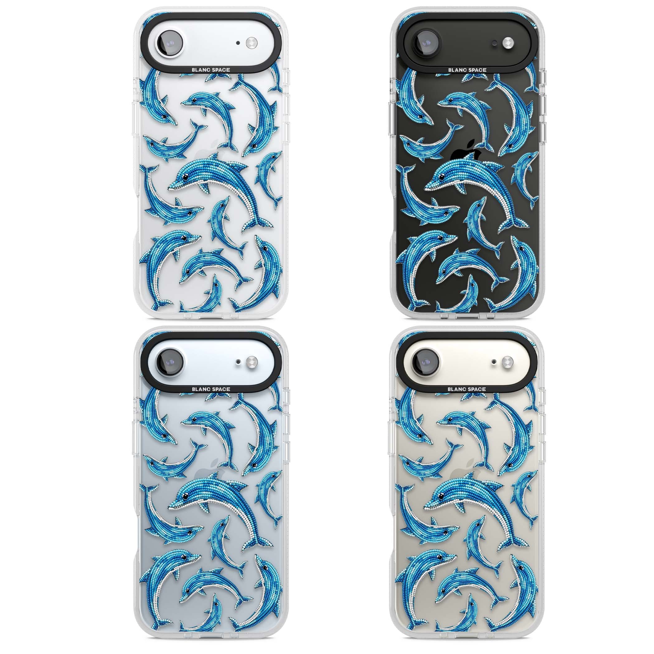 Beaded Dolphins coastal iPhone case featuring beaded dolphins in blue and white swimming across a clear background | Clear Case Impact Air case for iPhone Air