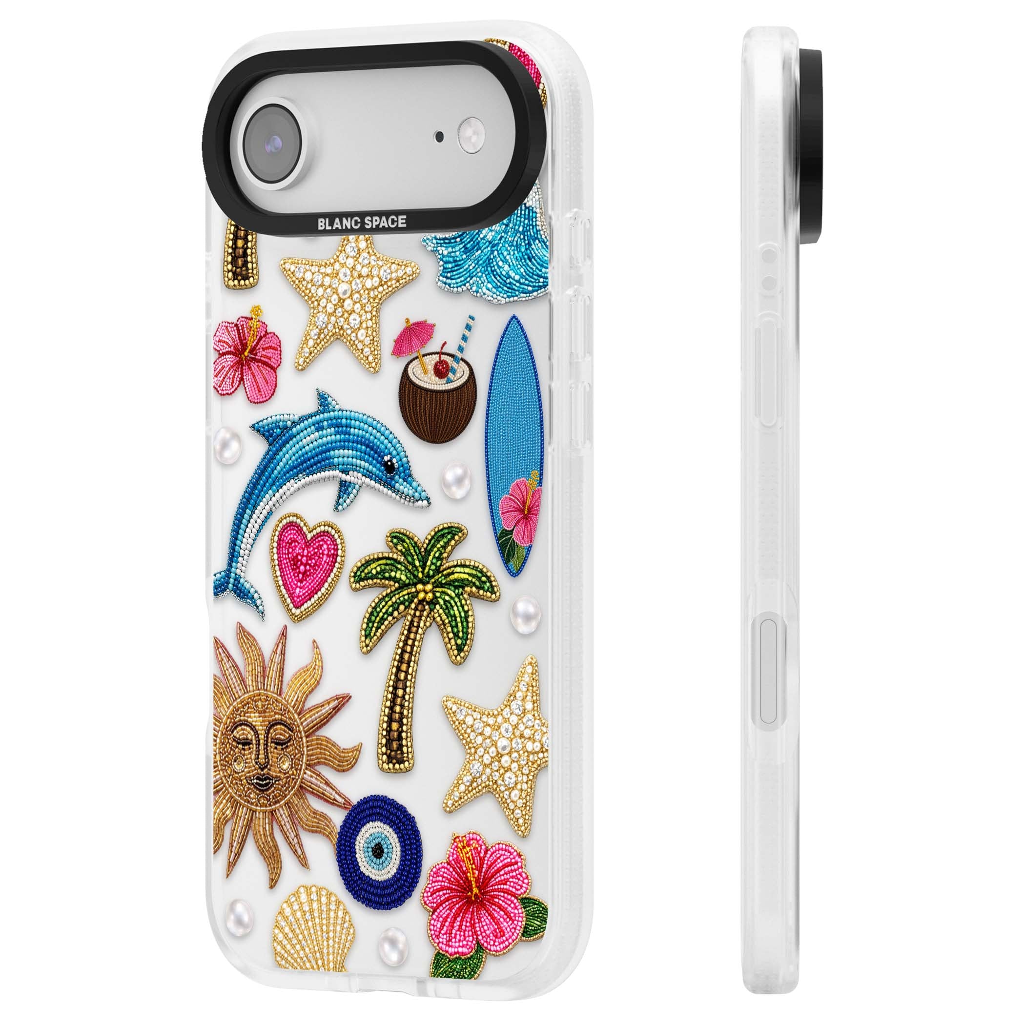 Beaded Beach coastal summer iPhone case featuring embroidered evil eye, hibiscus flowers, dolphin and palm tree patches | Clear Case Impact Air case for iPhone Air