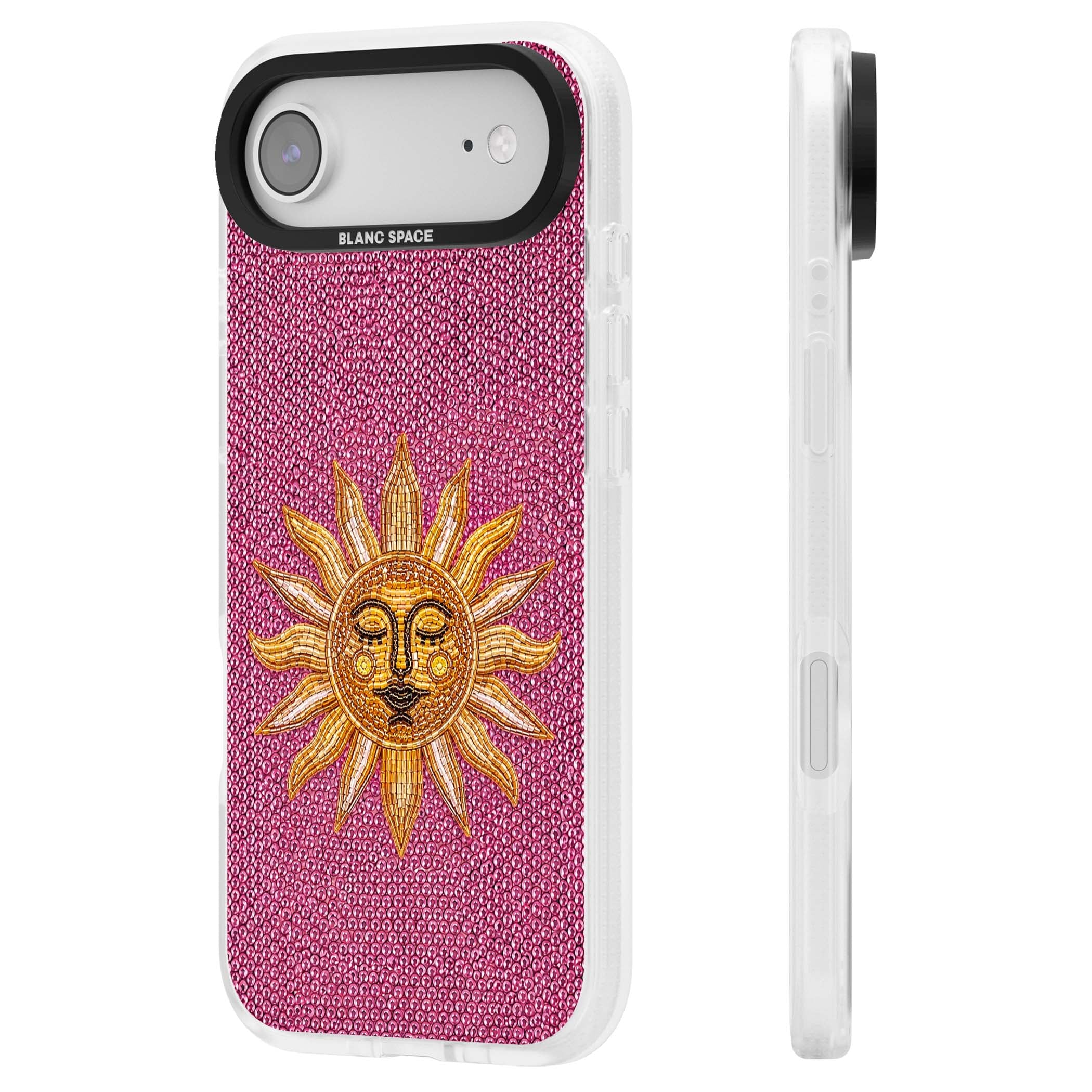 Beaded Sun celestial iPhone case featuring a golden beaded sun face with radiant rays on hot pink beaded background | Clear Case Impact Air case for iPhone Air