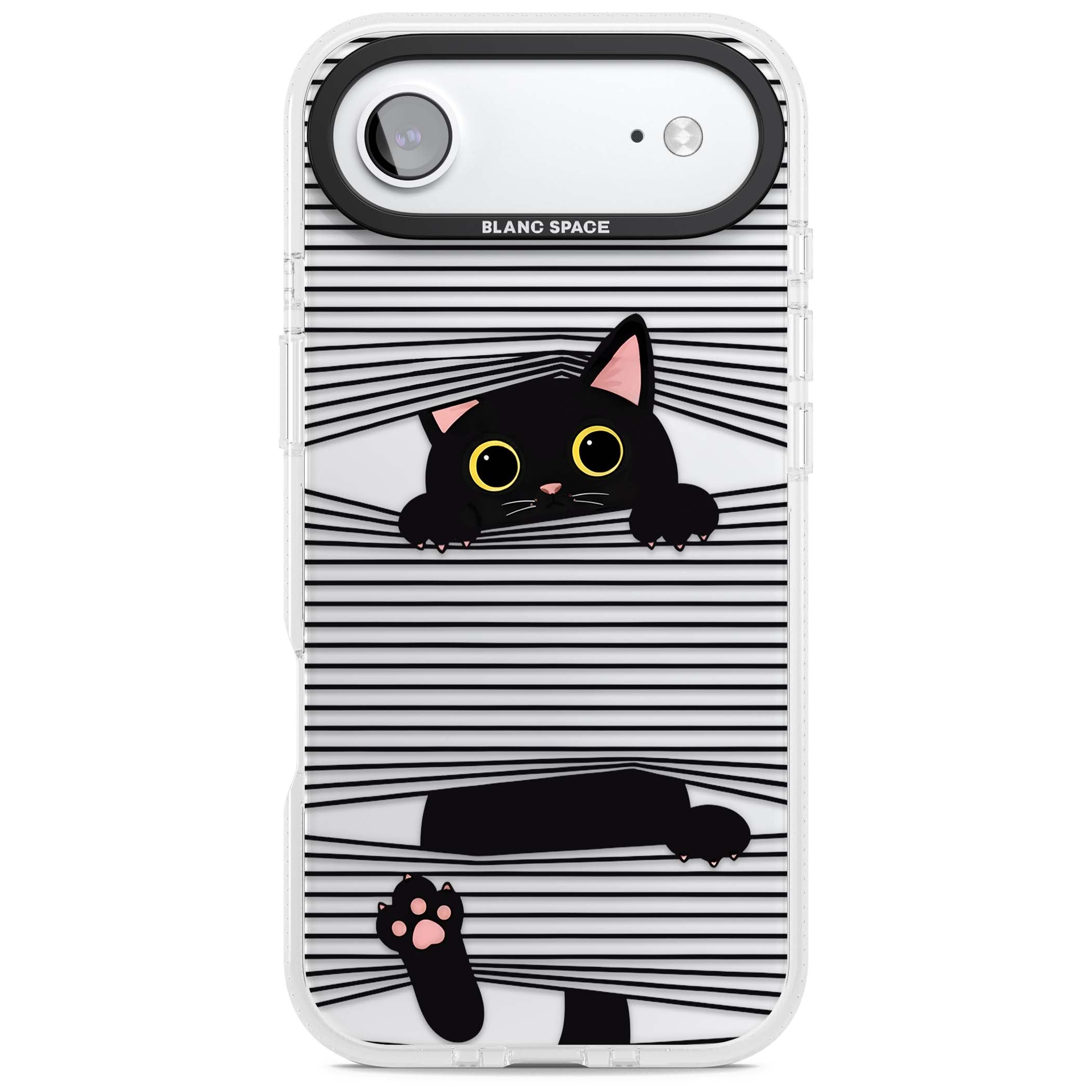 Peek-a-Boo Cat minimal iPhone case featuring black cat peeking through horizontal black and white stripes | Clear Case Impact Air case for iPhone Air