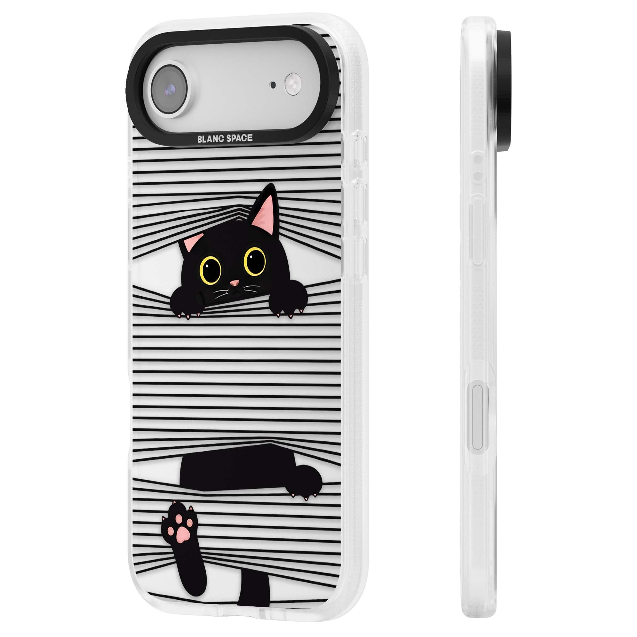 Peek-a-Boo Cat minimal iPhone case featuring black cat peeking through horizontal black and white stripes | Clear Case Impact Air case for iPhone Air