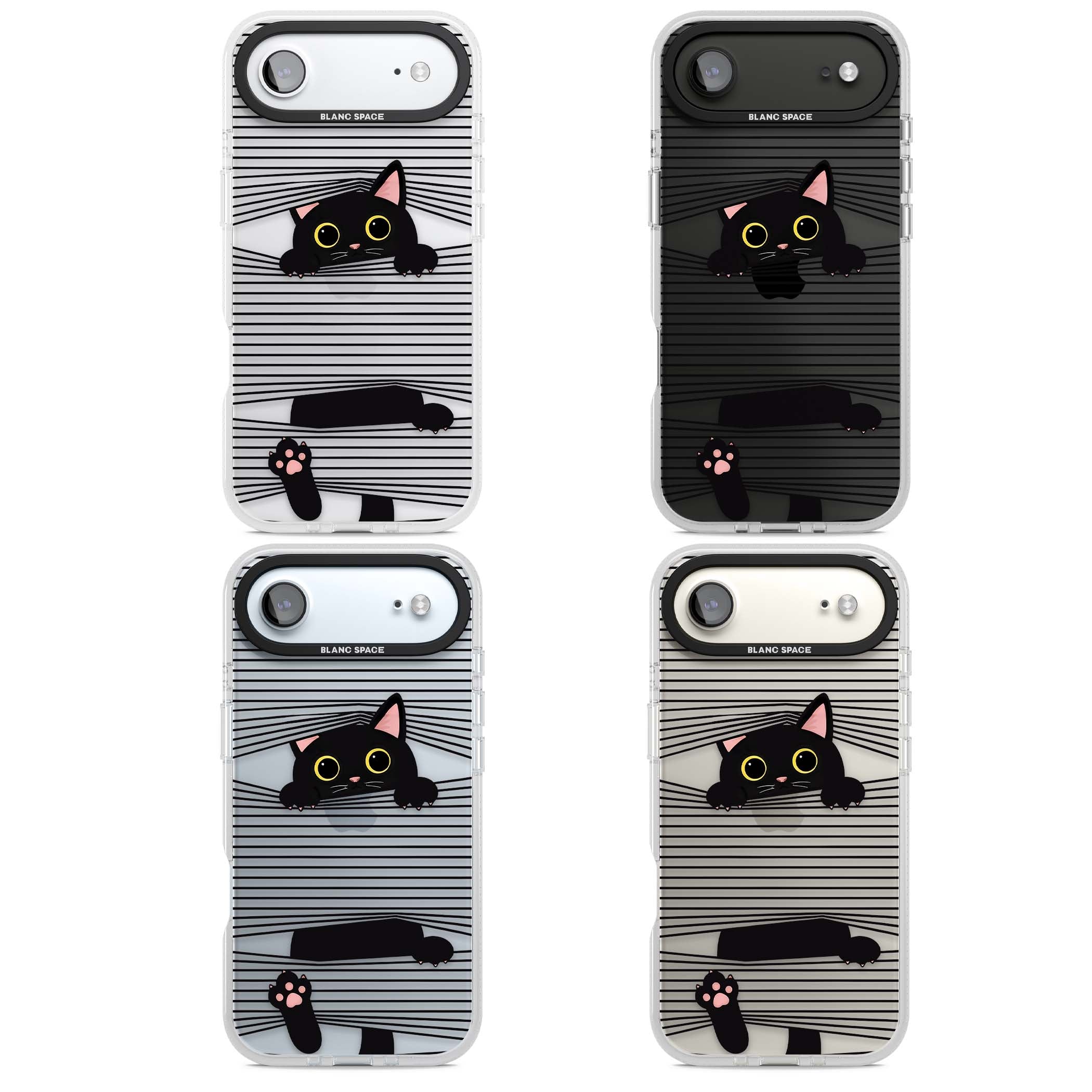 Peek-a-Boo Cat minimal iPhone case featuring black cat peeking through horizontal black and white stripes | Clear Case Impact Air case for iPhone Air