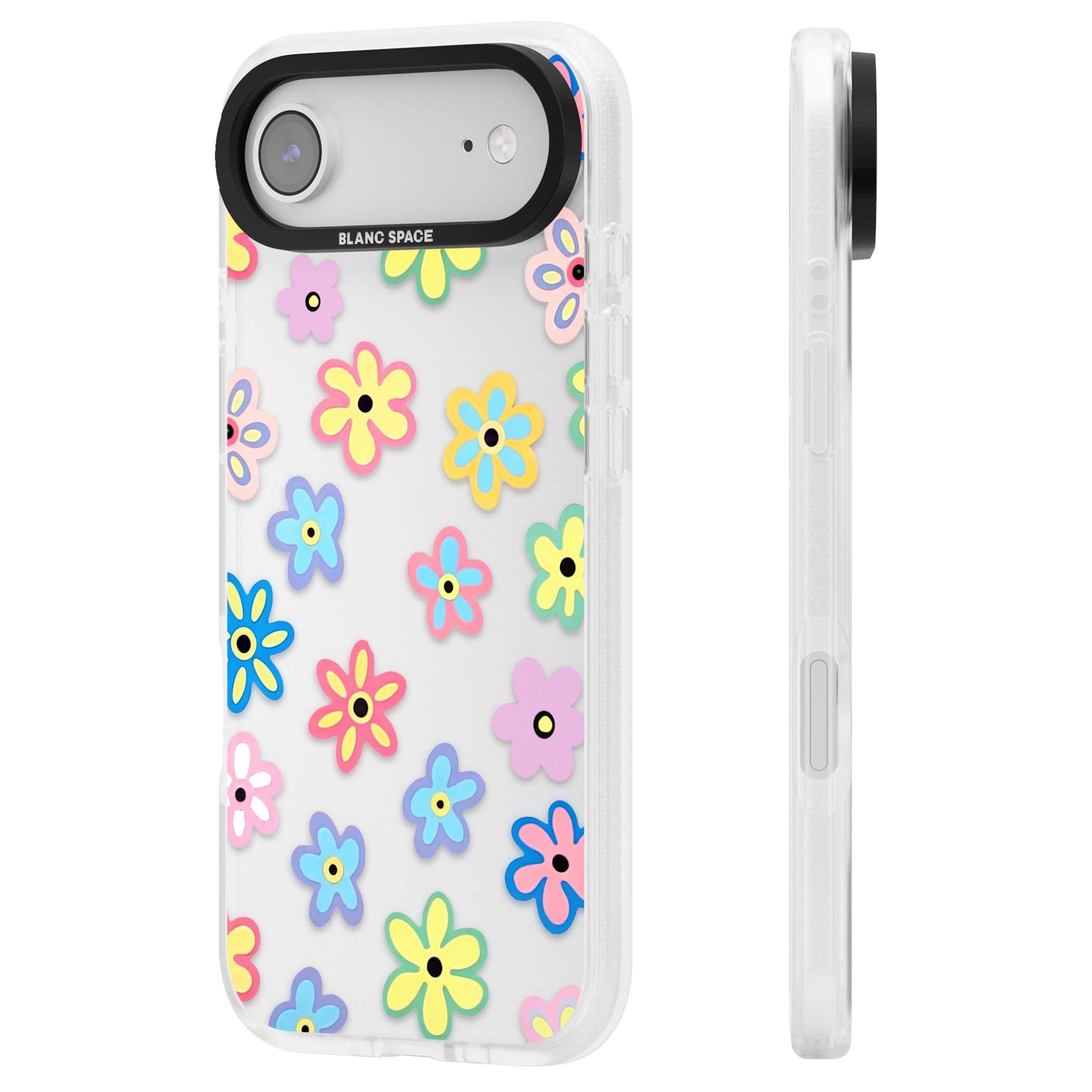 Bloom Pop cottagecore iPhone case featuring multicolor pastel flowers with black centers on clear background | Clear Case Impact Air case for iPhone Air