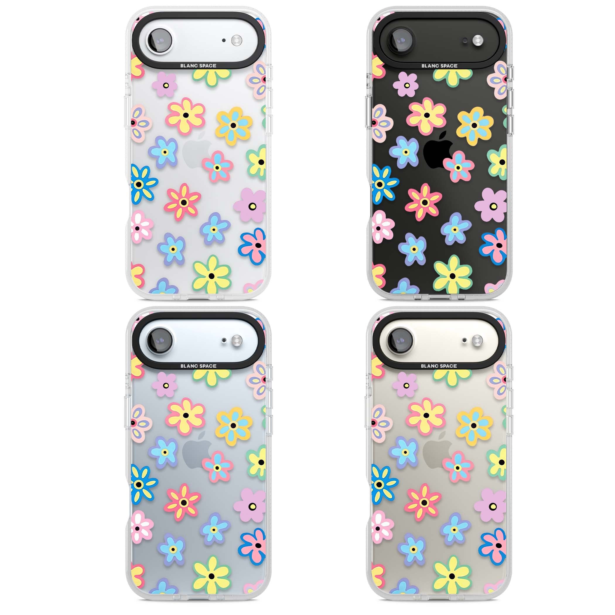 Bloom Pop cottagecore iPhone case featuring multicolor pastel flowers with black centers on clear background | Clear Case Impact Air case for iPhone Air