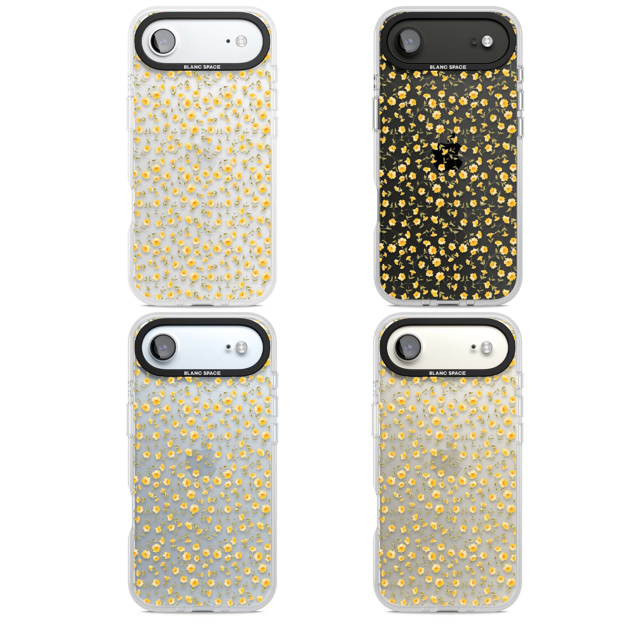 Buttercup wildflower iPhone case featuring tiny yellow flowers and trailing green vines on clear | Clear Case Impact Air case for iPhone Air