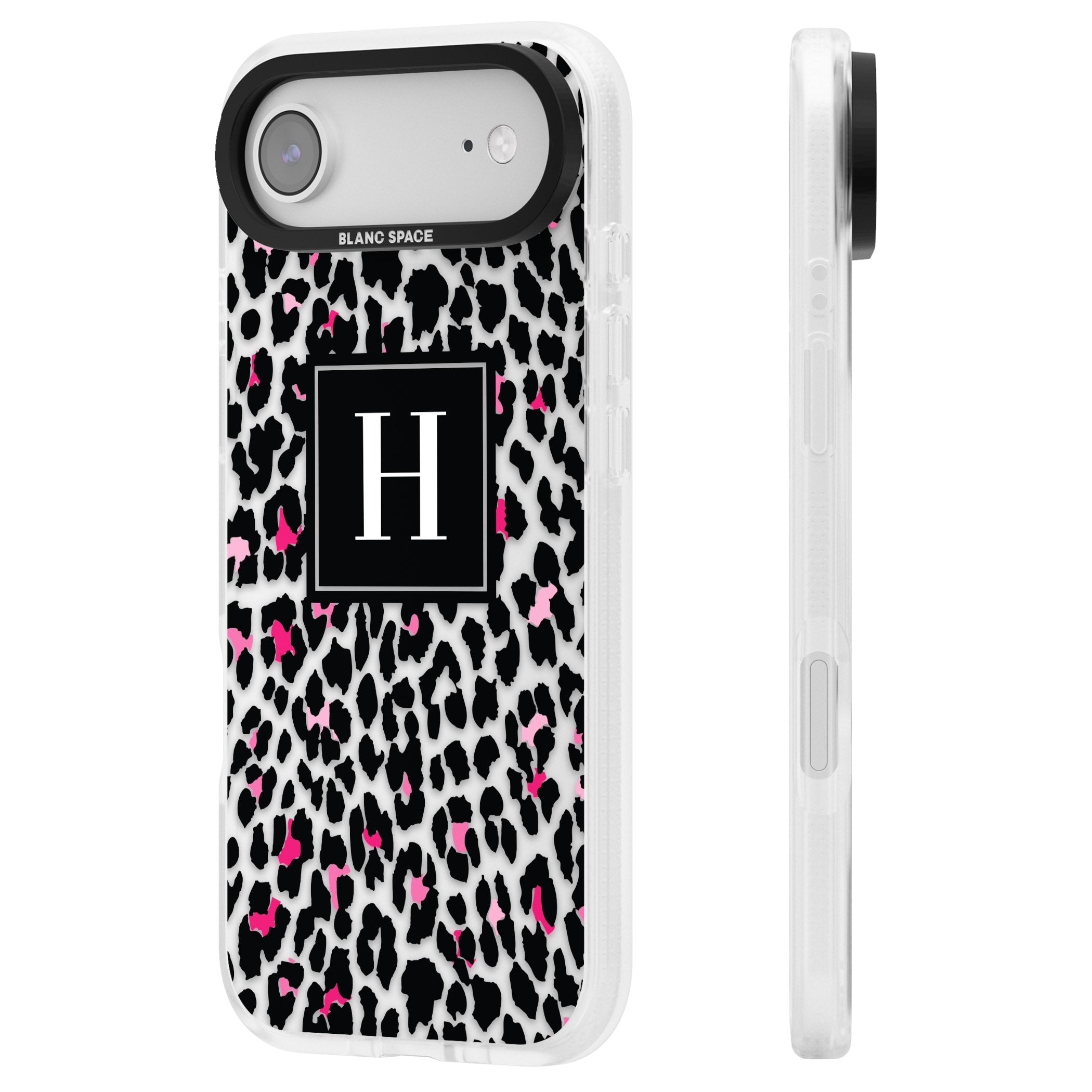 Personalised Clear Pink Leopard Monogram iPhone 17 Air Impact Air Clear Phone Case Side Profile