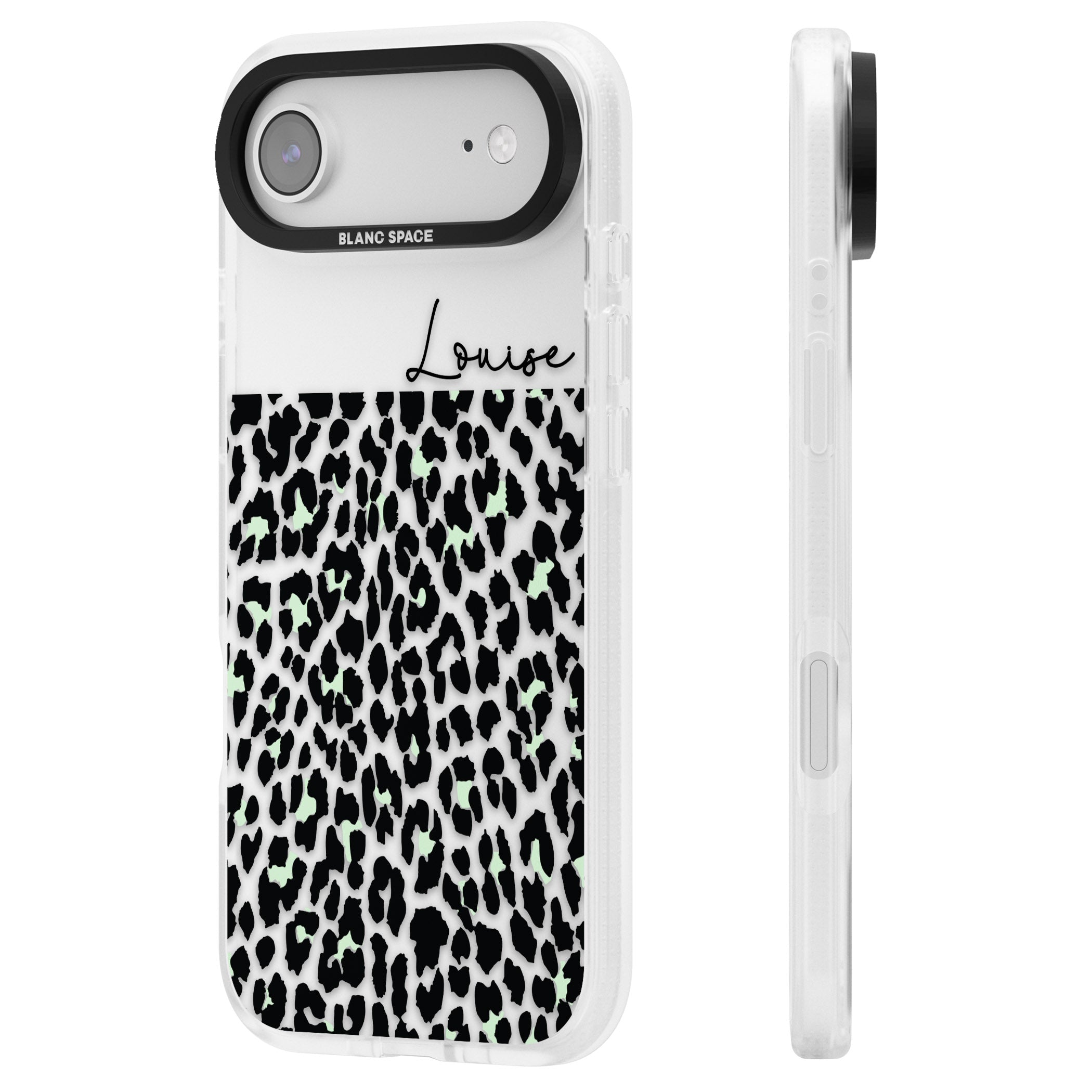 Personalised Seafoam Leopard iPhone 17 Air Impact Air Clear Phone Case Side Profile