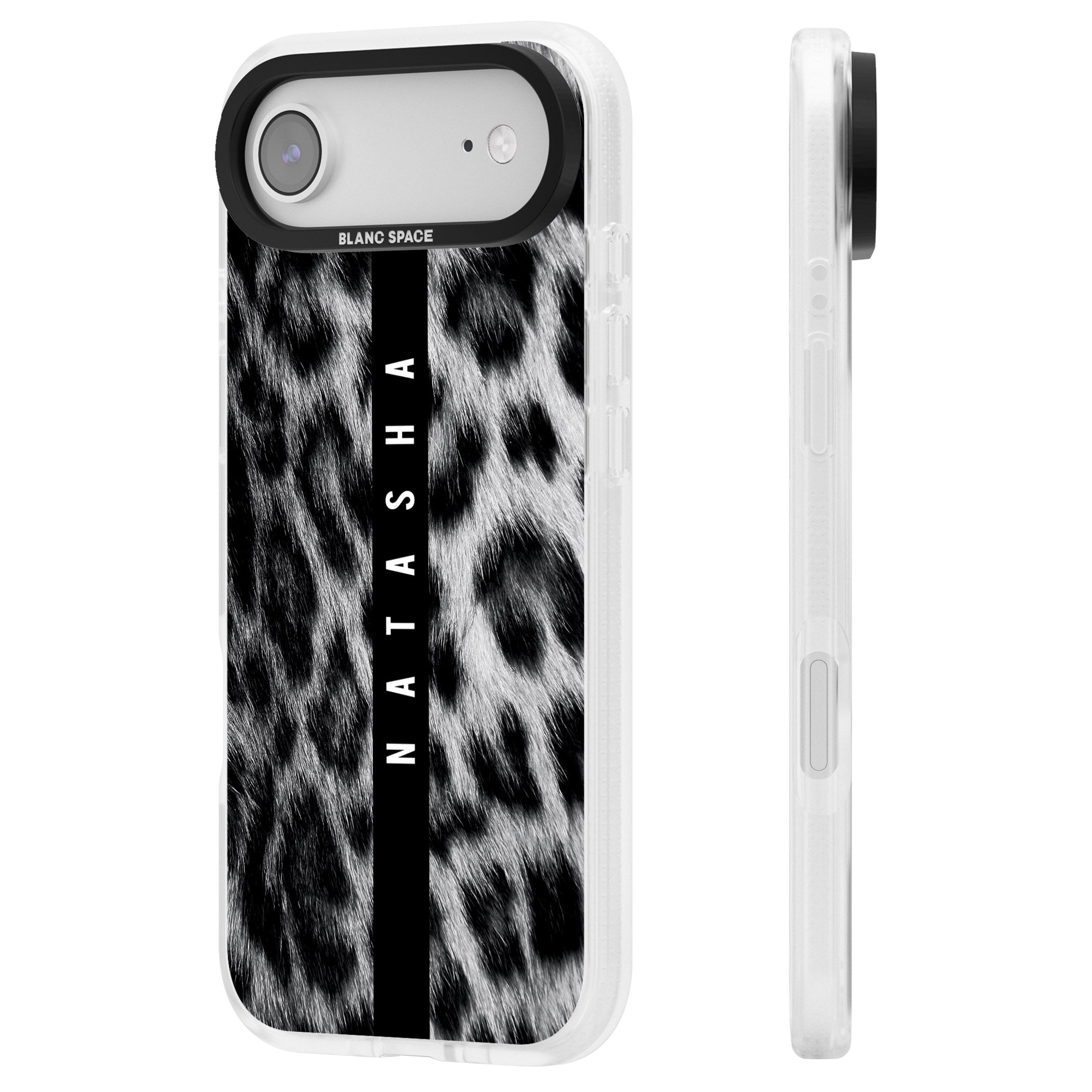 Personalised Snow Leopard Print iPhone 17 Air Impact Air Clear Phone Case Side Profile