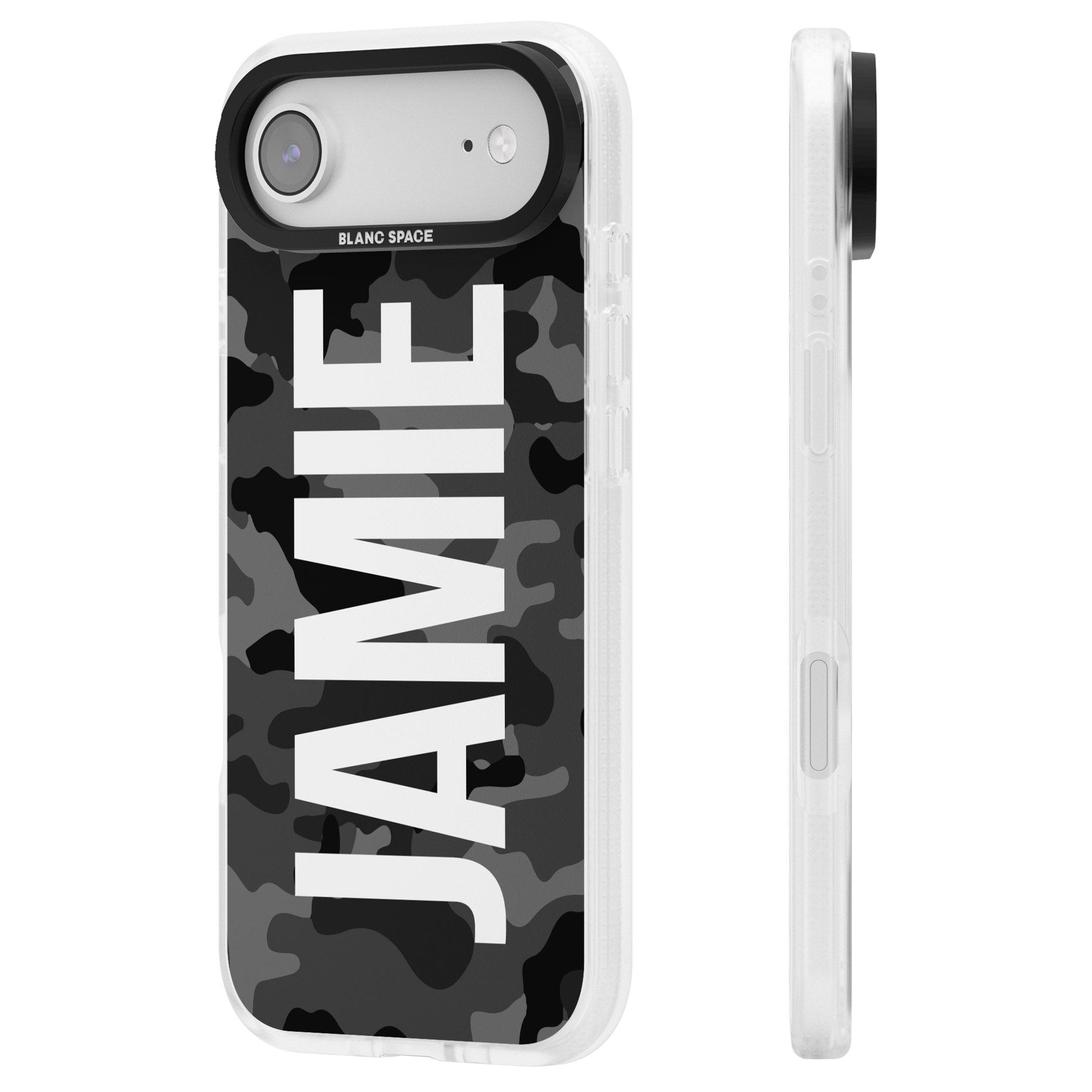 Personalised Black Camo Name Vertical iPhone 17 Air Impact Air Clear Phone Case Side Profile