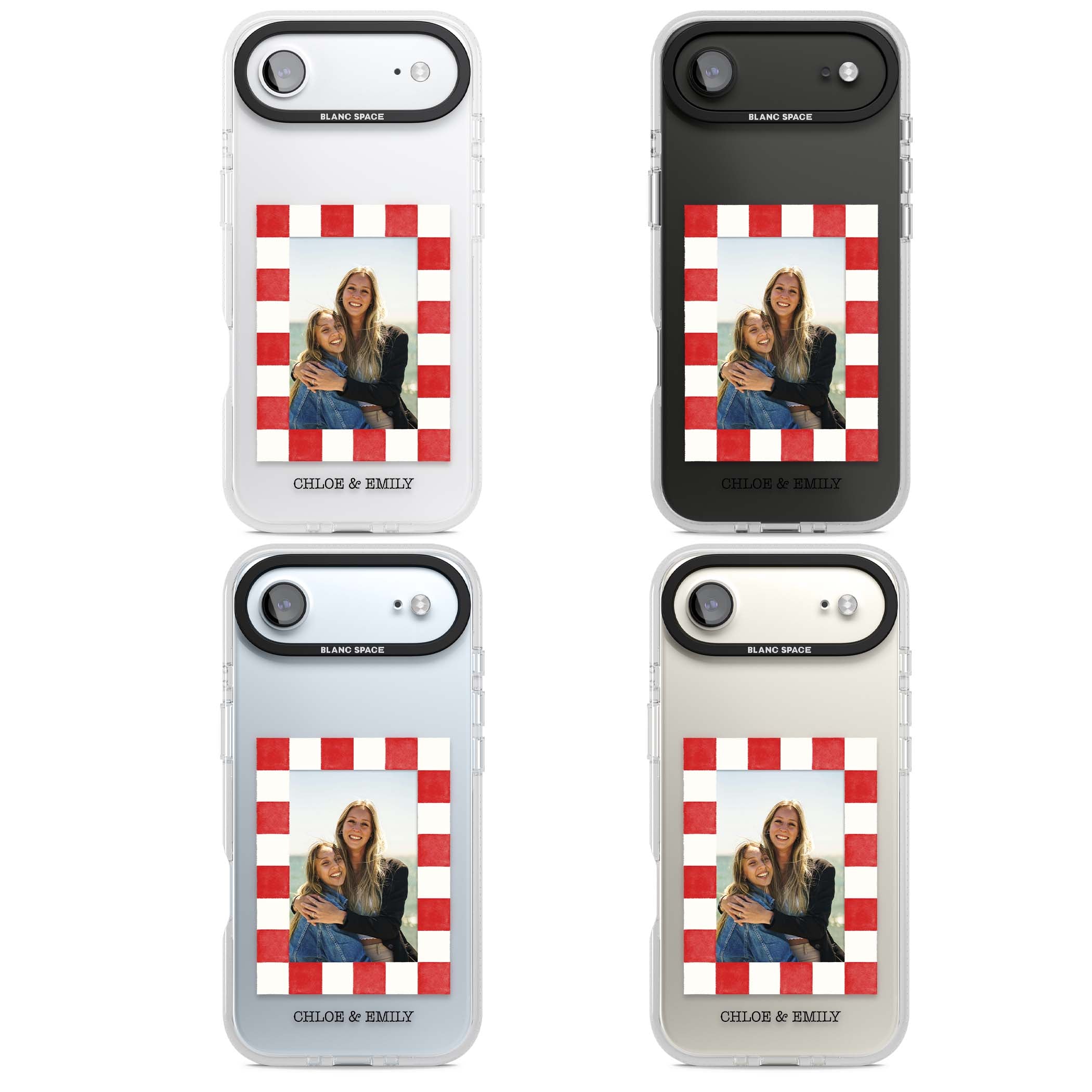 Red Check Photo personalised photo iPhone case with red and white checkered polaroid frame and custom couple name | Clear Case Impact Air case for iPhone Air