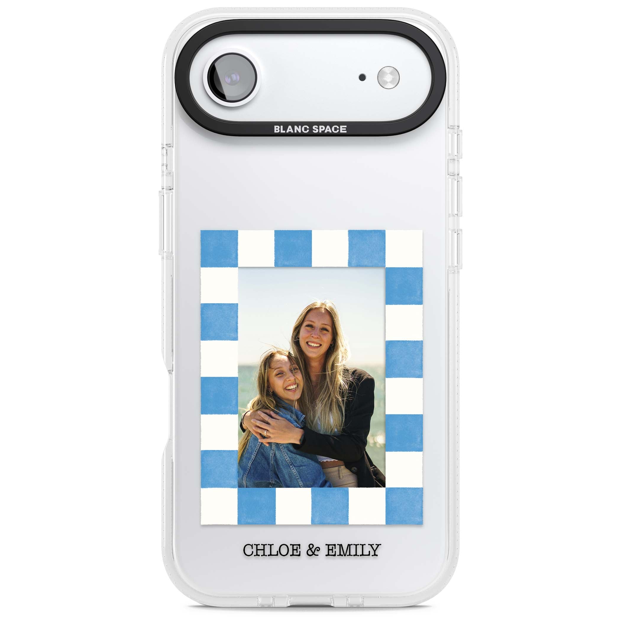 Blue Check Photo personalised photo iPhone case with blue checkered frame and custom couple names | Clear Case Impact Air case for iPhone Air