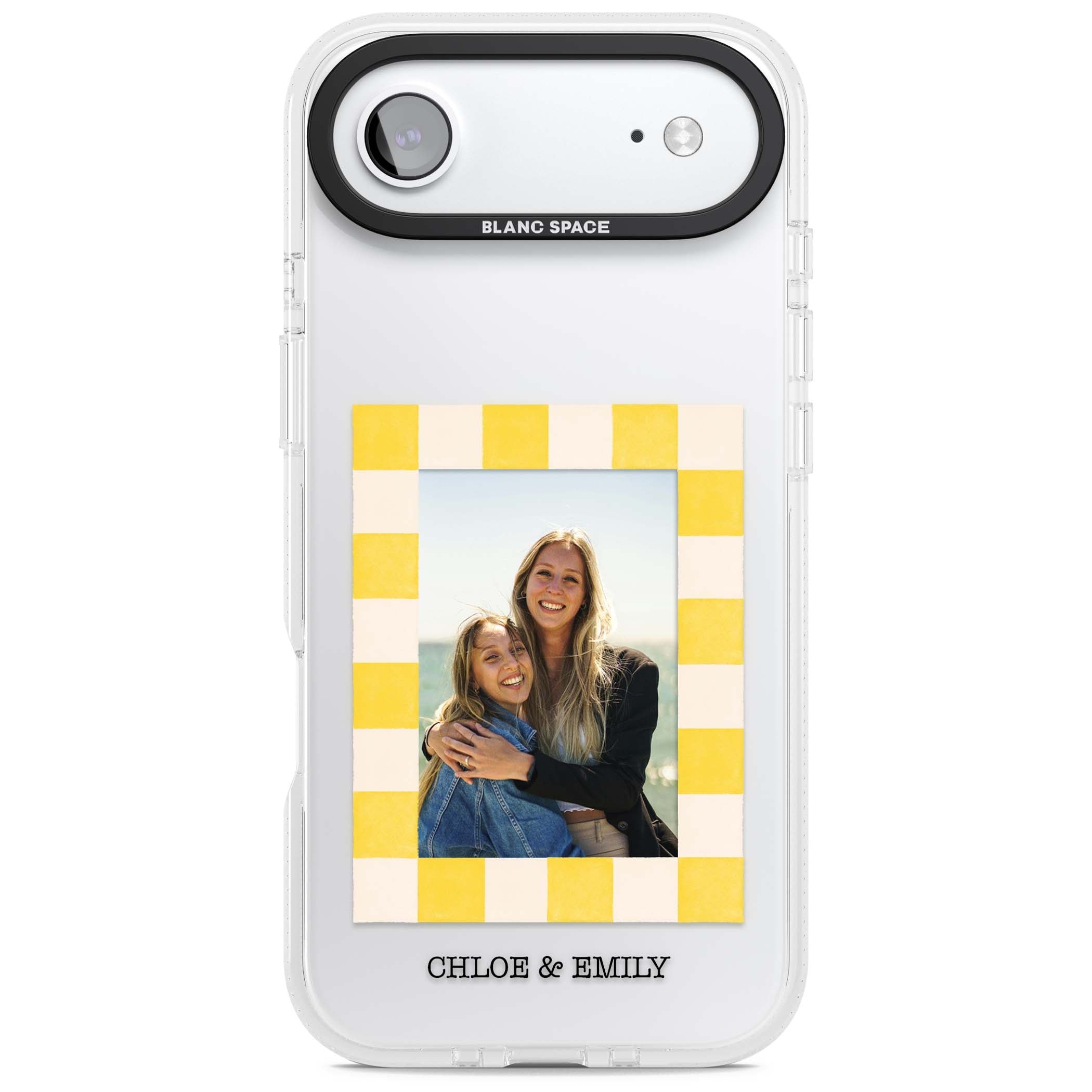 Yellow Check Photo personalised iPhone case with yellow checkered Polaroid frame and custom names beneath | Clear Case Impact Air case for iPhone Air
