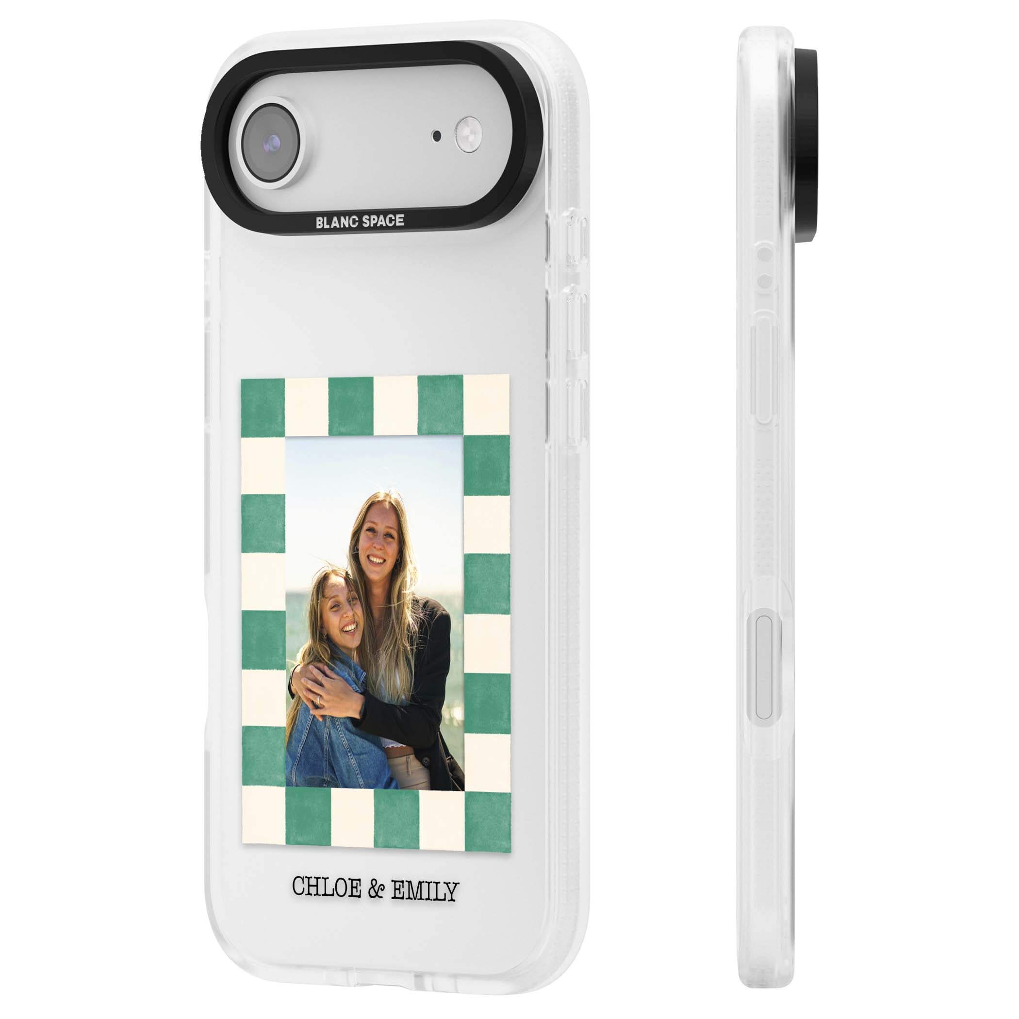 Seafoam Check Photo personalised iPhone case featuring a custom polaroid photo, green and cream checkered frame, and custom n | Clear Case Impact Air case for iPhone Air