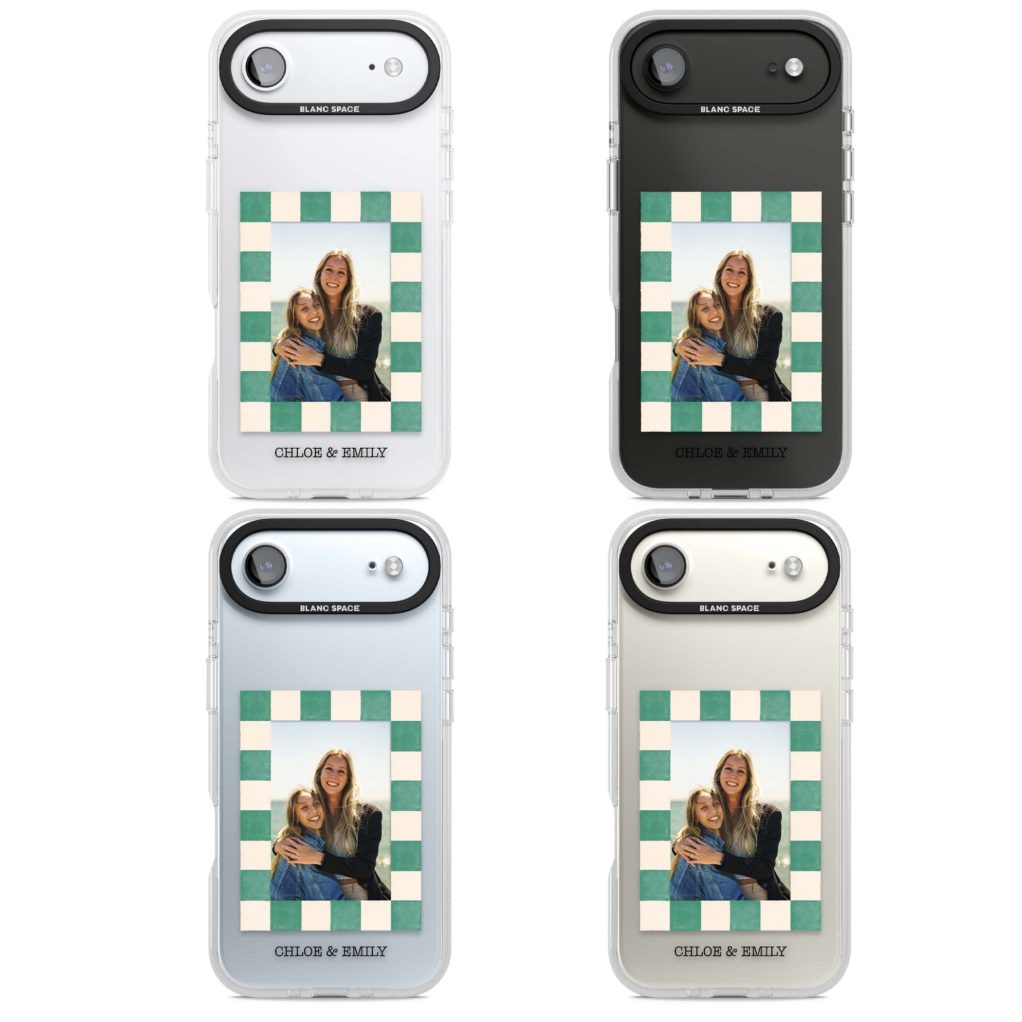 Seafoam Check Photo personalised iPhone case featuring a custom polaroid photo, green and cream checkered frame, and custom n | Clear Case Impact Air case for iPhone Air