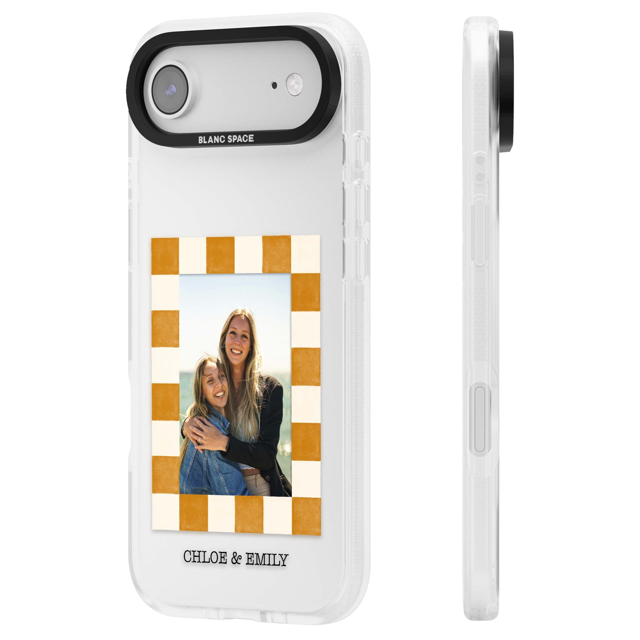 Citrus Check Photo personalised iPhone case with custom photo, orange checkered frame and names underneath | Clear Case Impact Air case for iPhone Air