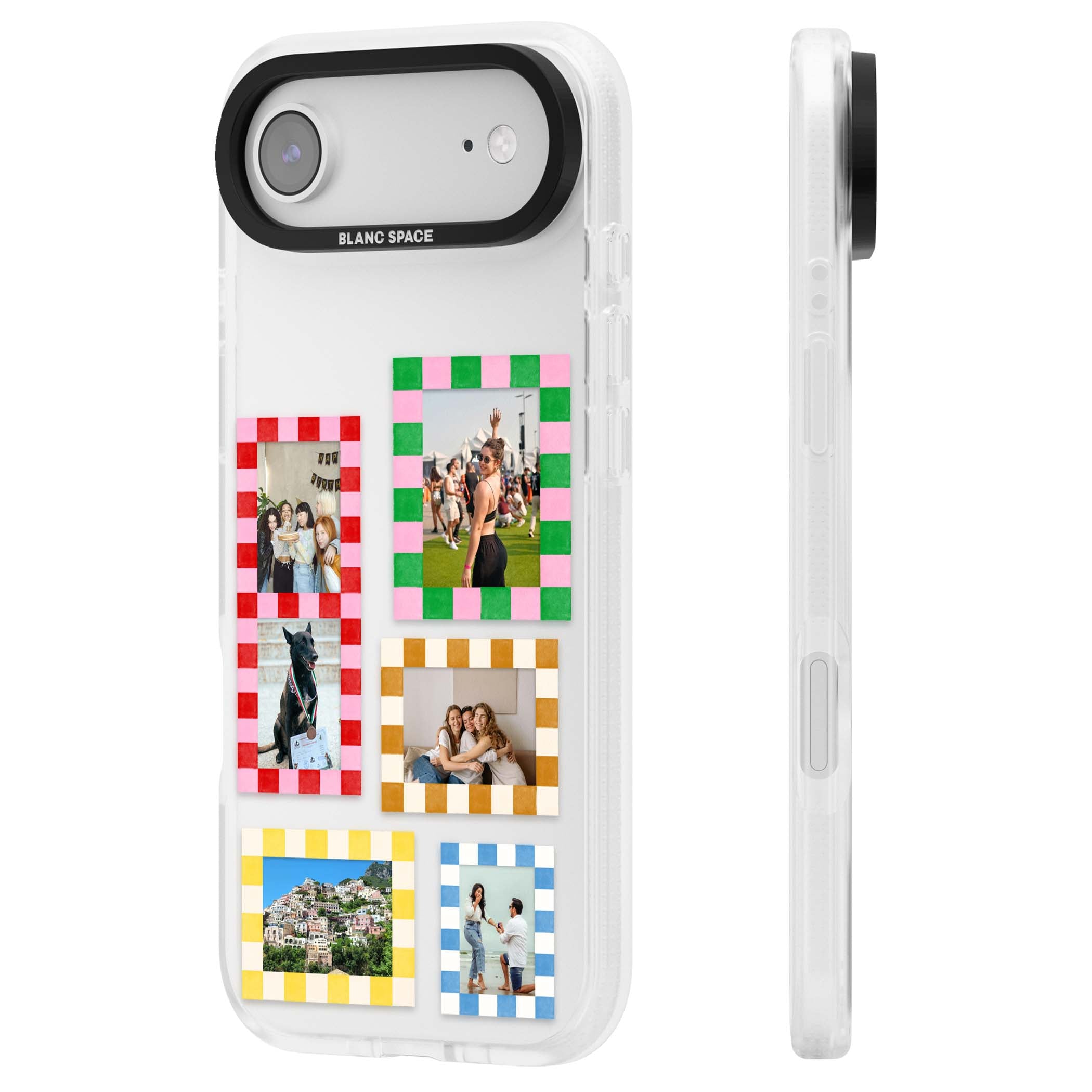 Italian Check Frames custom photo collage iPhone case featuring six checkered photo frames in red, green, pink and | Clear Case Impact Air case for iPhone Air