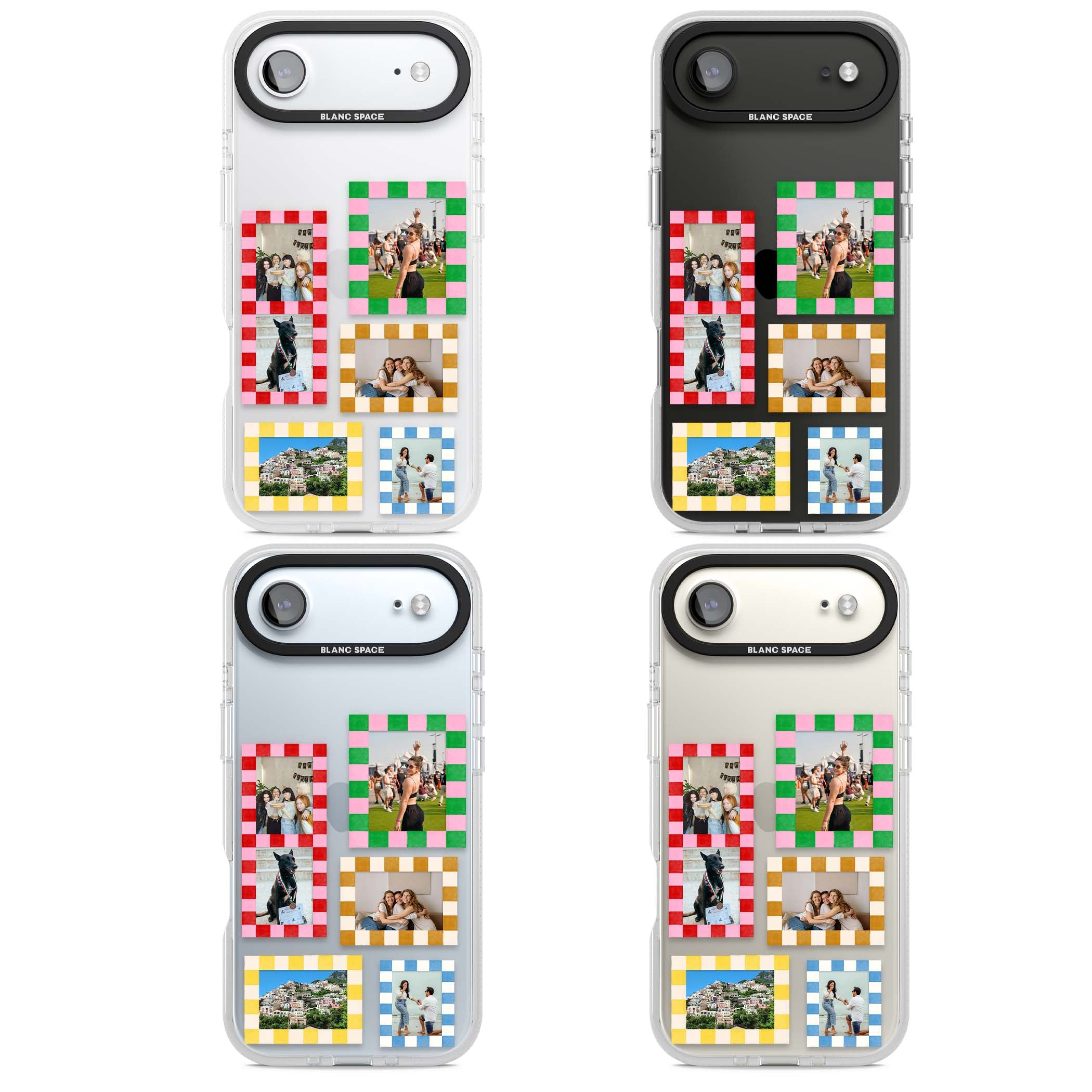 Italian Check Frames custom photo collage iPhone case featuring six checkered photo frames in red, green, pink and | Clear Case Impact Air case for iPhone Air