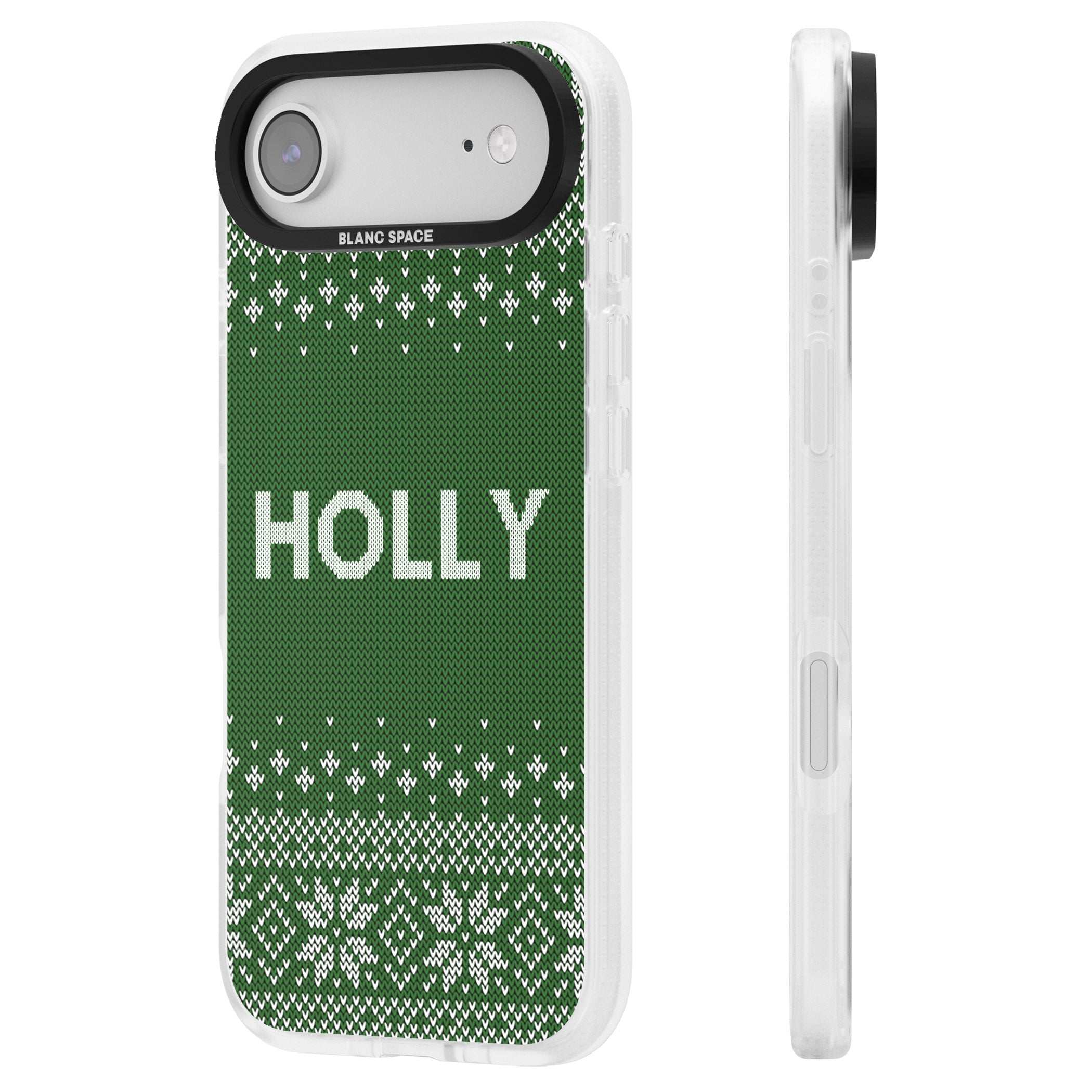 Personalised Green Christmas Knit iPhone 17 Air Impact Air Clear Phone Case Side Profile