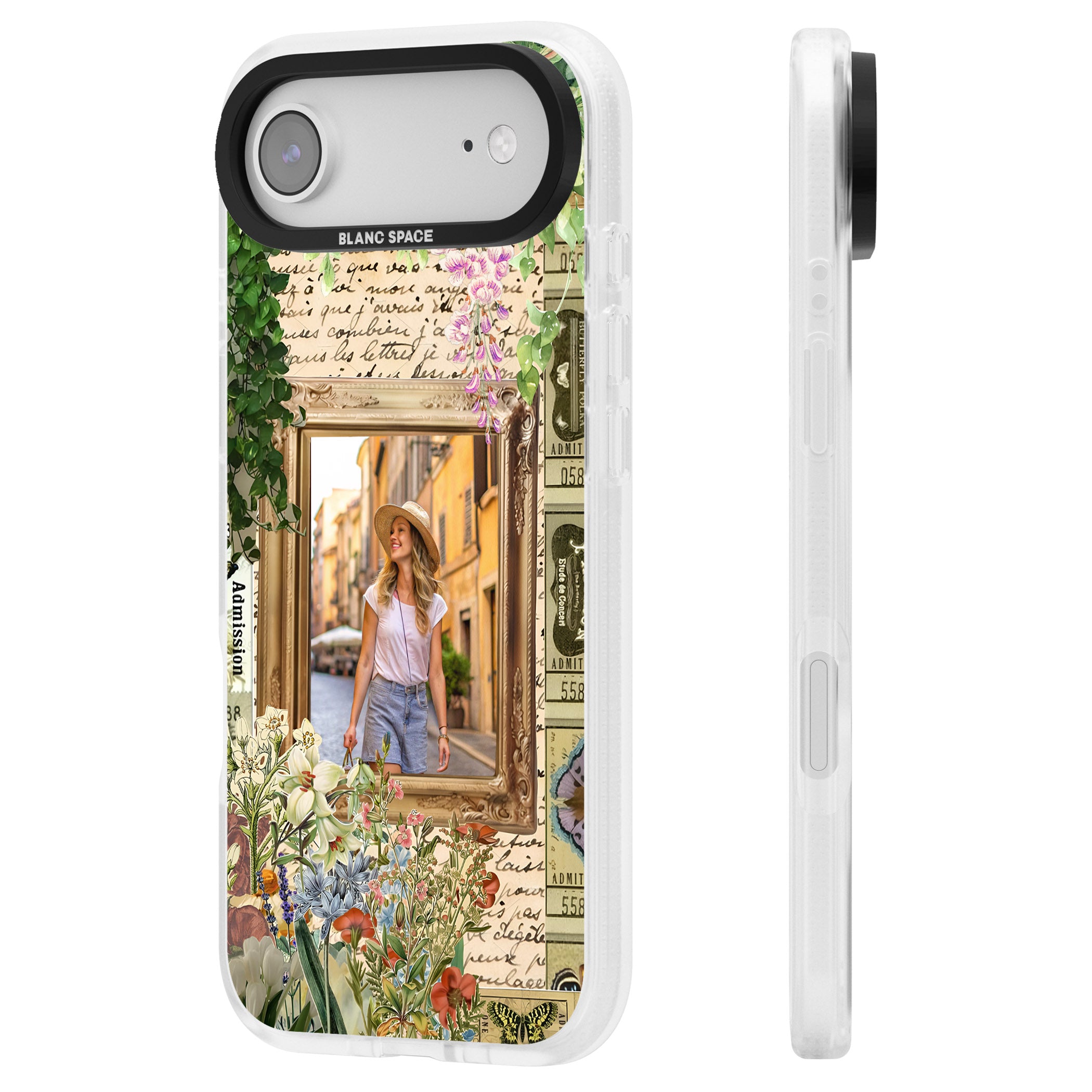 Personalised Tuscan Floral Collage Frame iPhone 17 Air Impact Air Clear Phone Case Side Profile