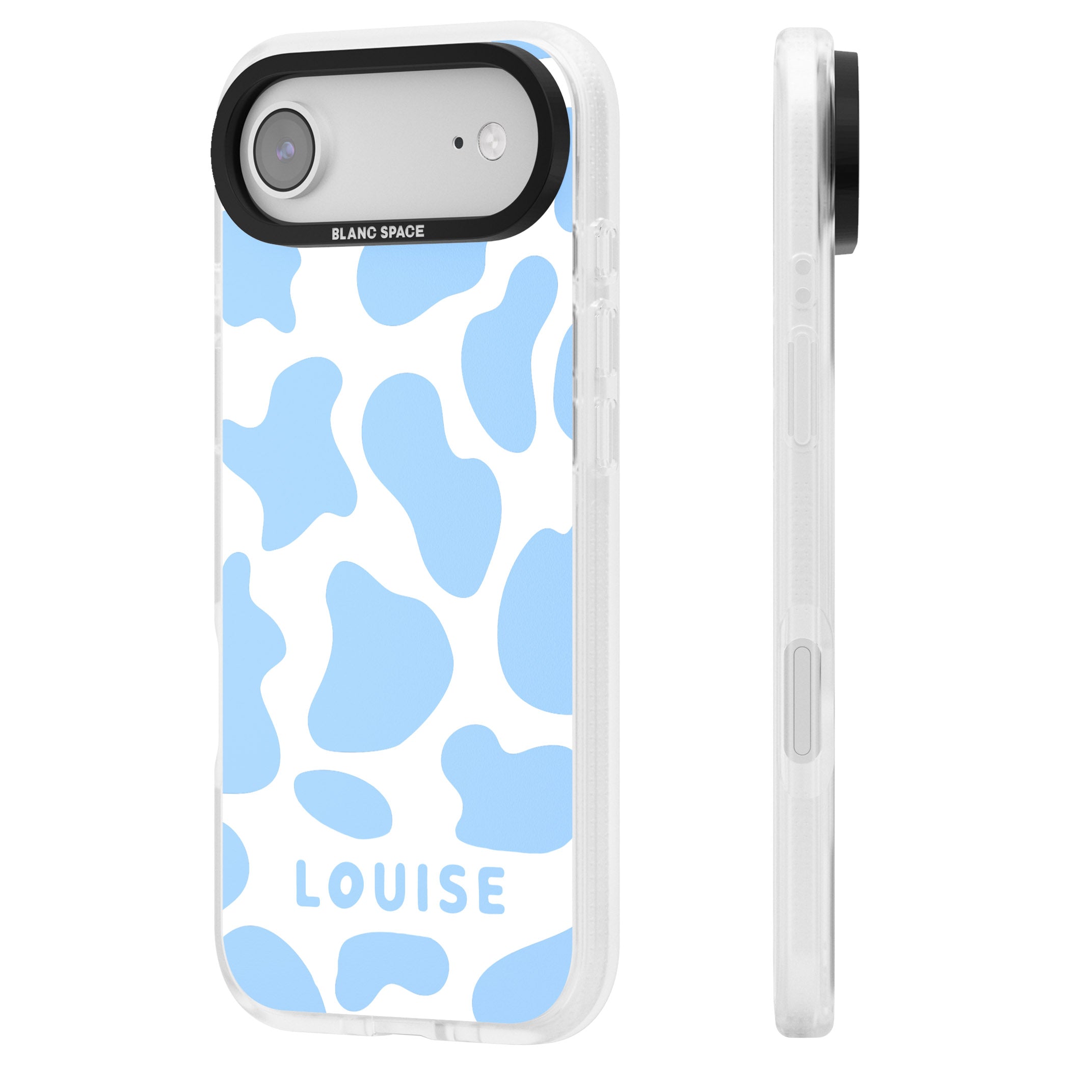 Personalised Blue And White Cow Print iPhone 17 Air Impact Air Clear Phone Case Side Profile