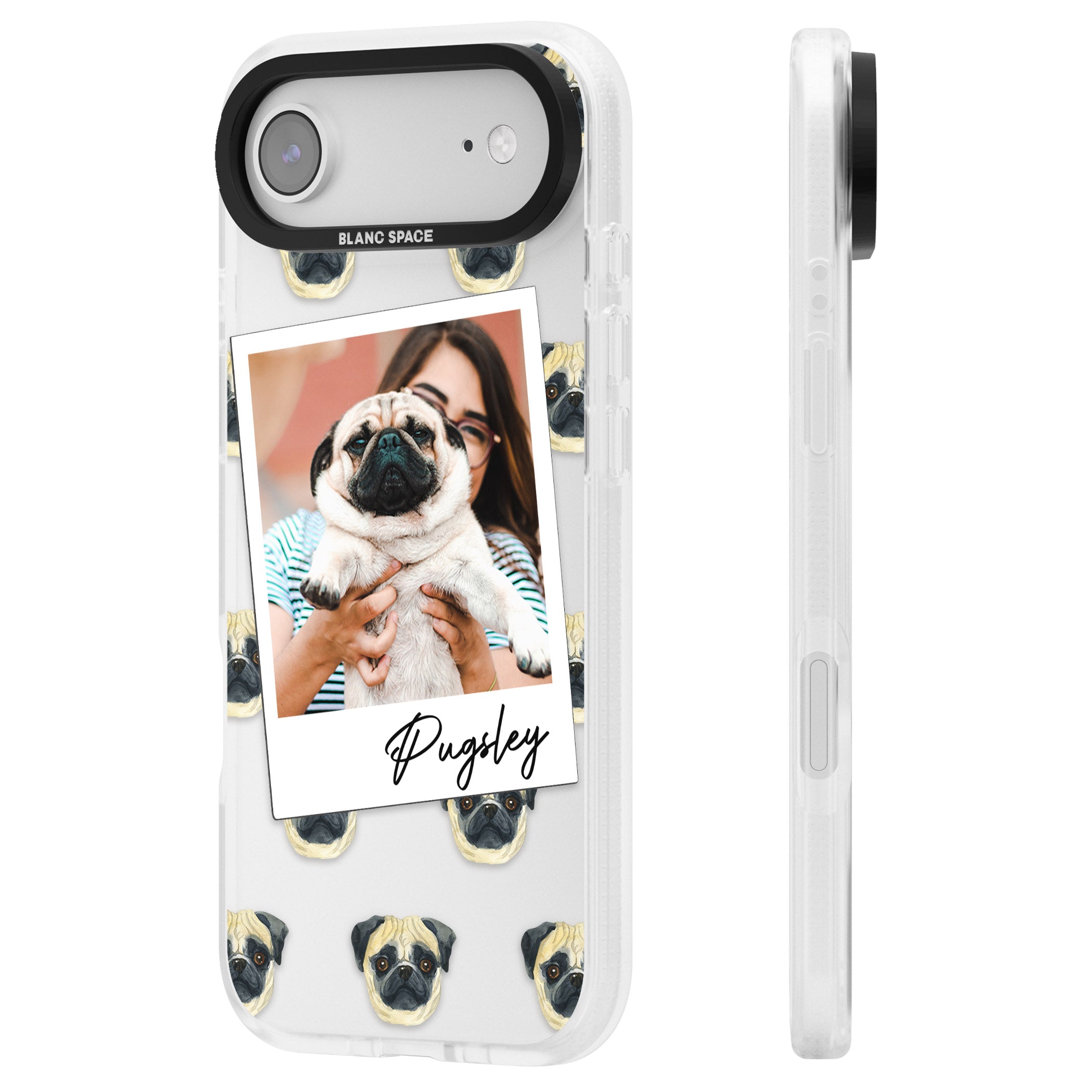 Personalised Pug Instant Camera Photo iPhone 17 Air Impact Air Clear Phone Case Side Profile