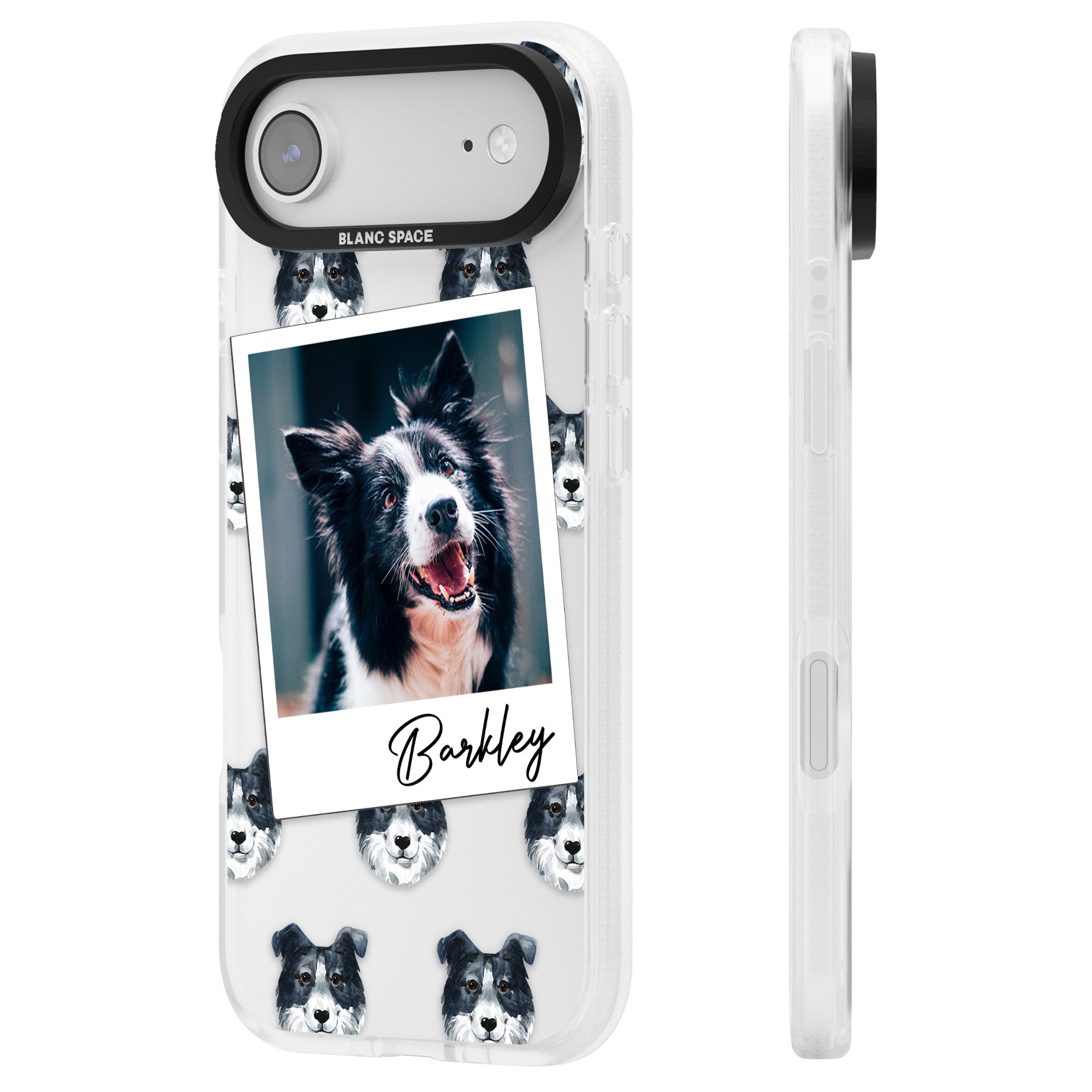 Personalised Border Collie Instant Camera Photo iPhone 17 Air Impact Air Clear Phone Case Side Profile