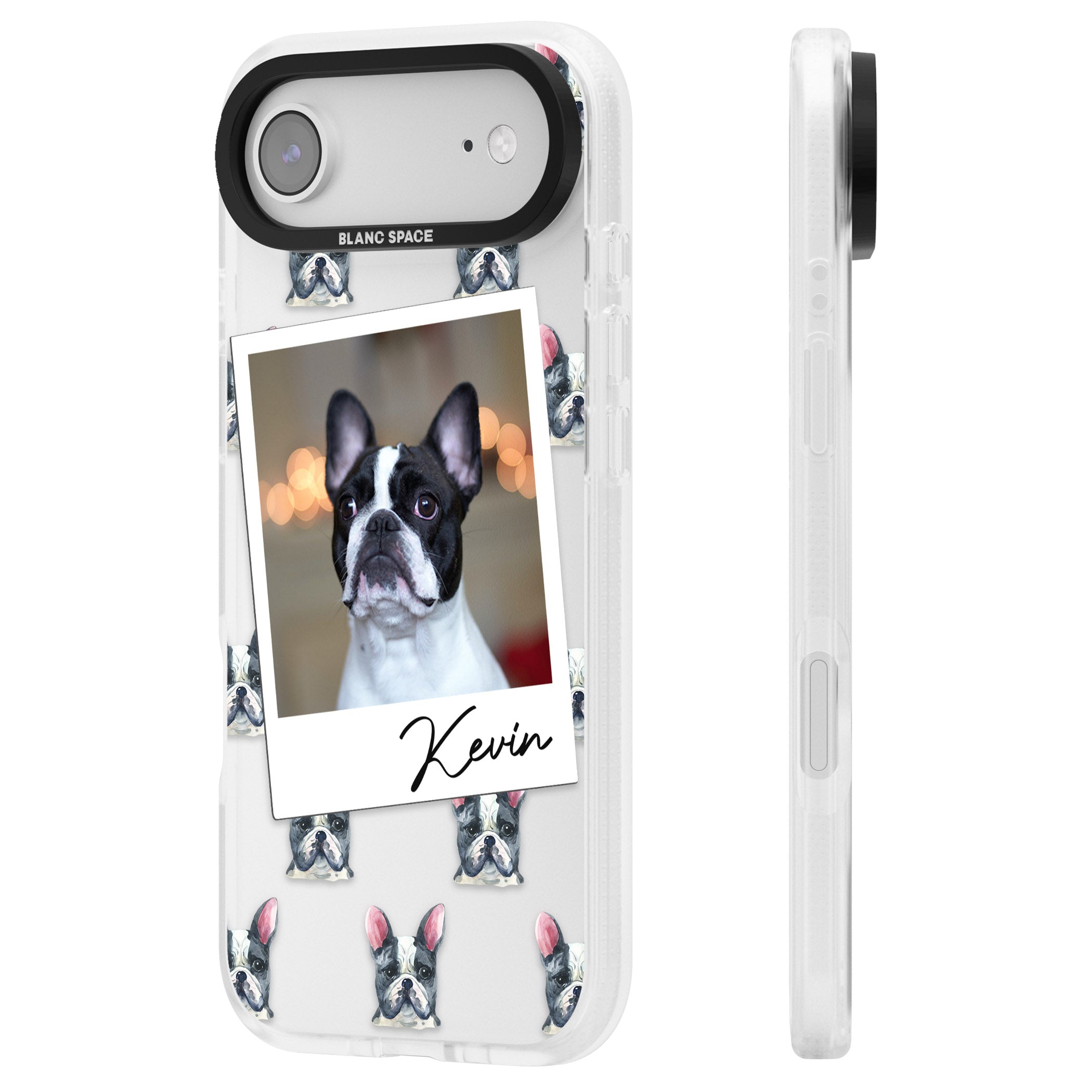 Personalised Black & White French Bulldog Instant Camera Photo iPhone 17 Air Impact Air Clear Phone Case Side Profile