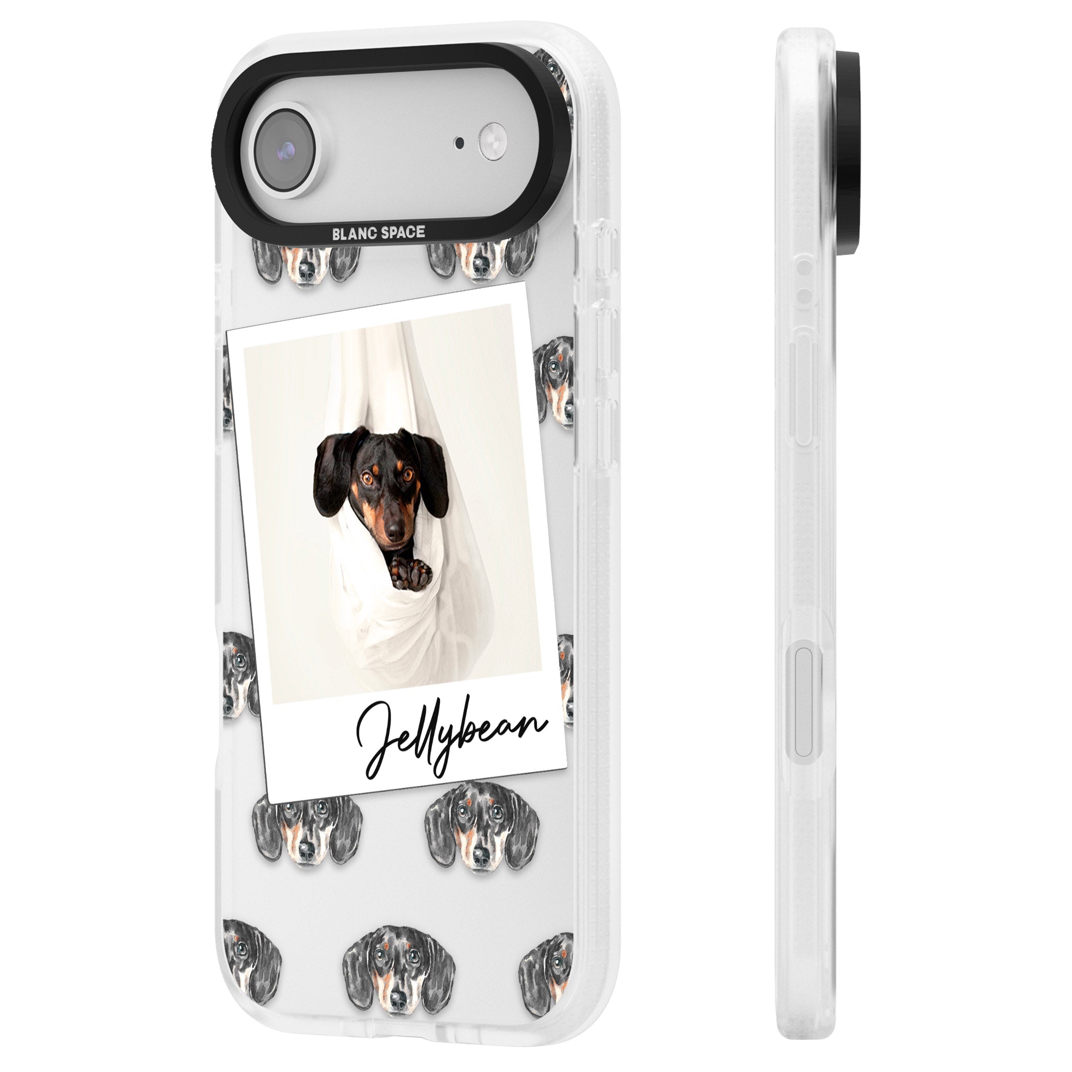 Personalised Black Dachshund Instant Camera Photo iPhone 17 Air Impact Air Clear Phone Case Side Profile