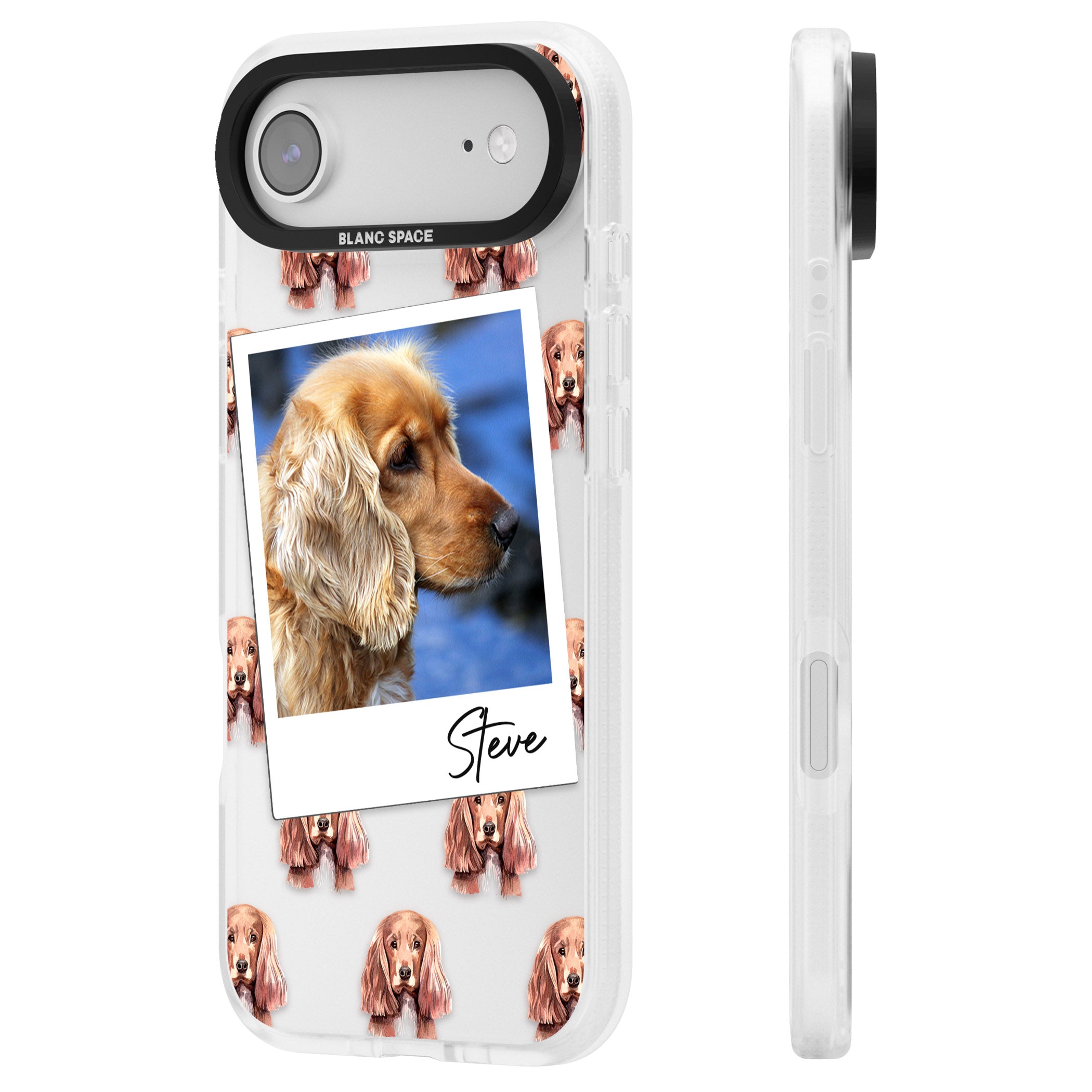Personalised Cocker Spaniel Instant Camera Photo iPhone 17 Air Impact Air Clear Phone Case Side Profile