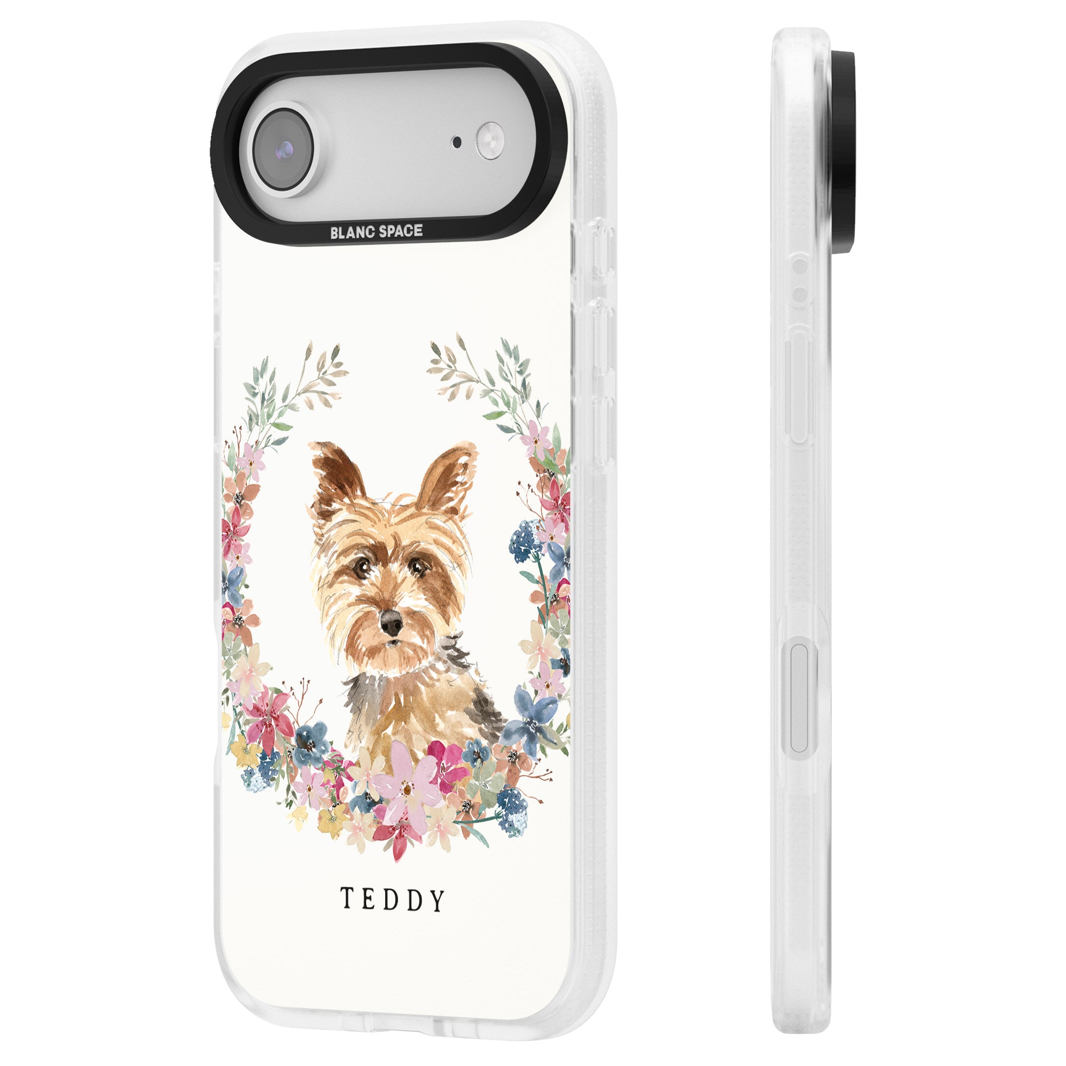 Personalised Yorkshire Terrier Floral Portrait iPhone 17 Air Impact Air Clear Phone Case Side Profile