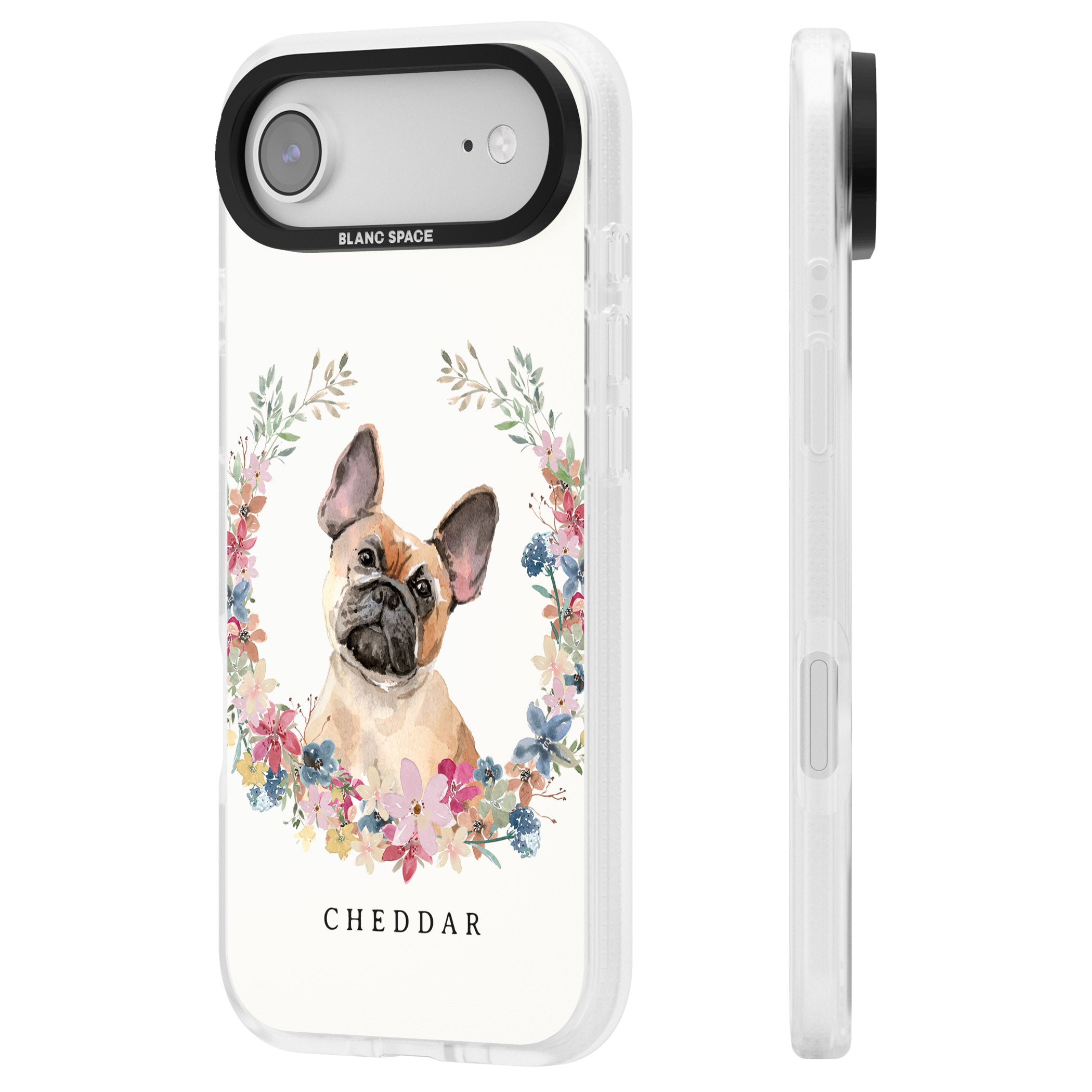 Personalised Tan French Bulldog Floral Portrait iPhone 17 Air Impact Air Clear Phone Case Side Profile