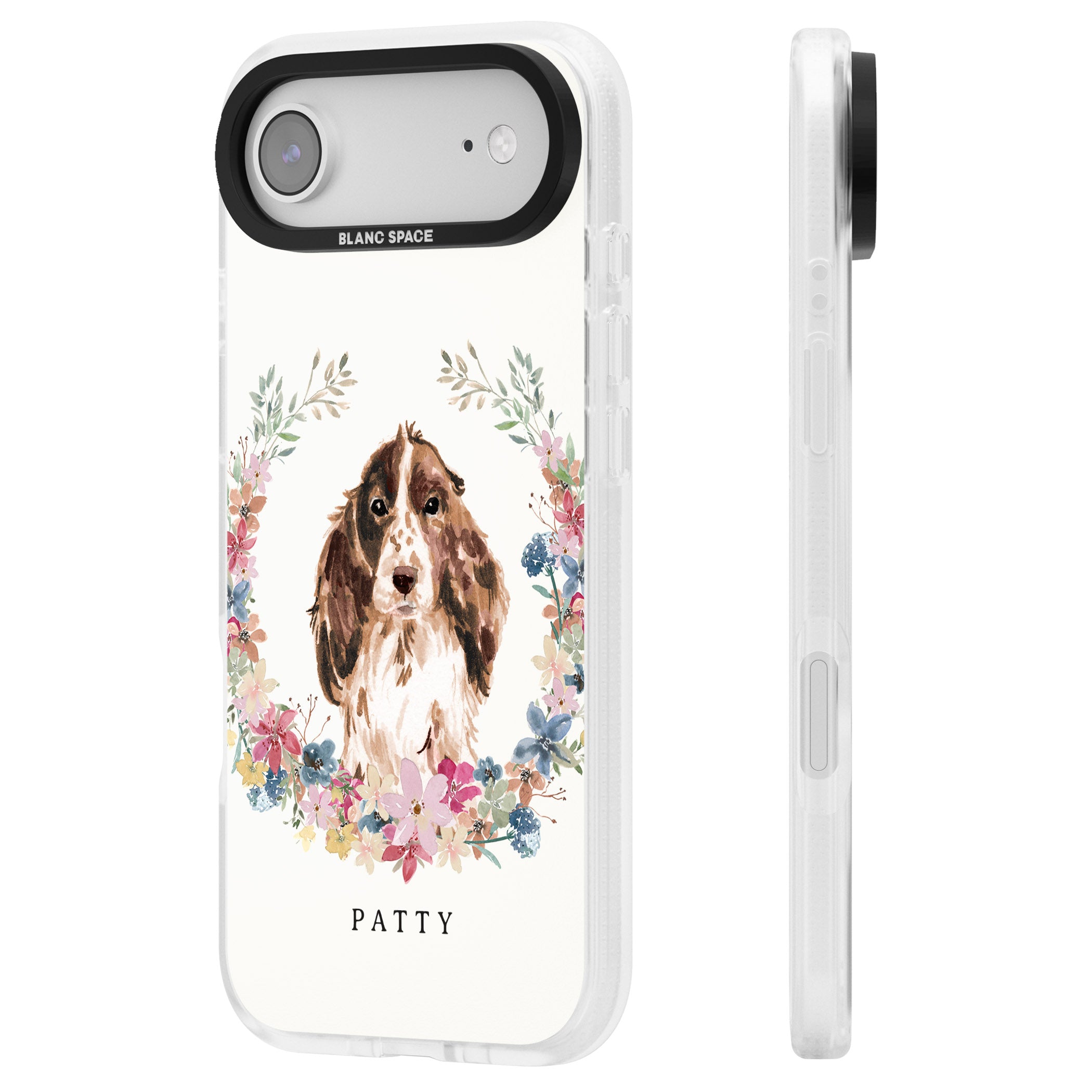 Personalised Cocker Spaniel Floral Portrait iPhone 17 Air Impact Air Clear Phone Case Side Profile